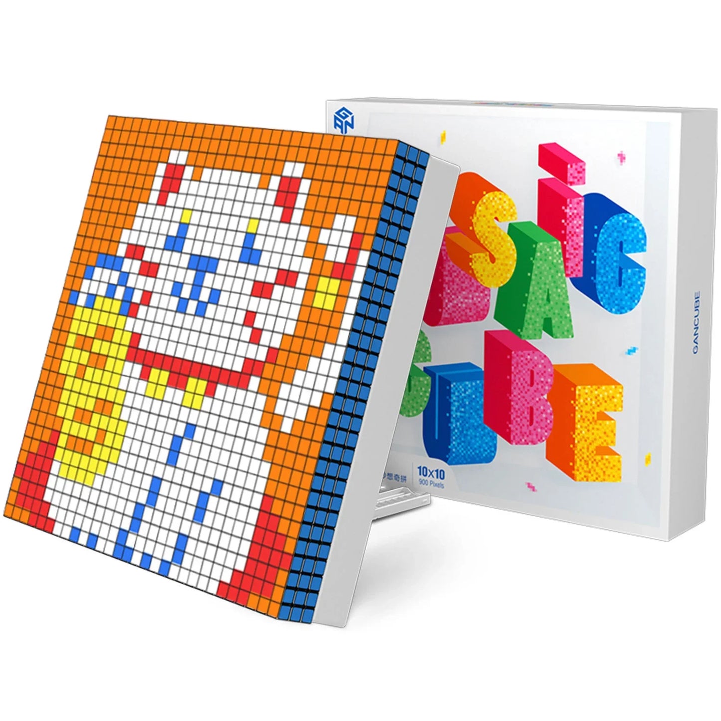 10x10 pixel art puzzle of a white lucky cat with orange background and colorful beads