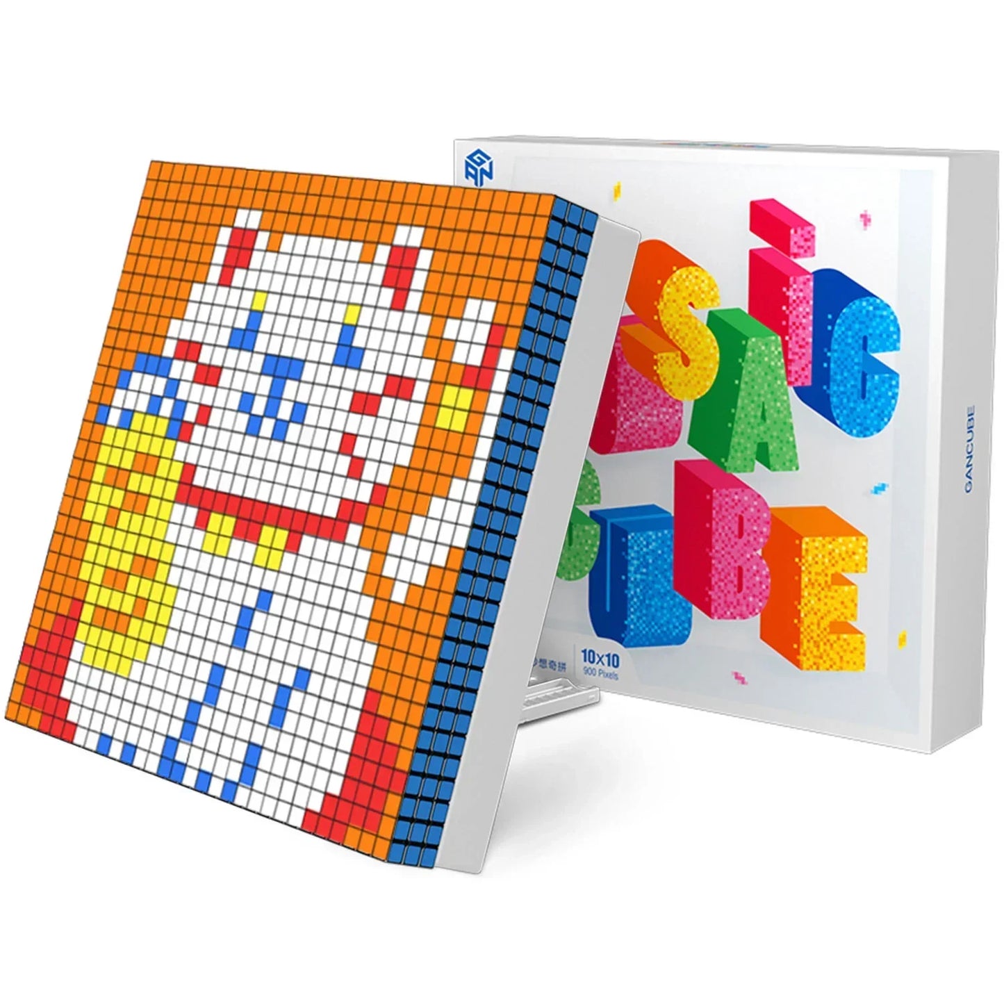 10x10 pixel art puzzle of a white lucky cat with orange background and colorful beads