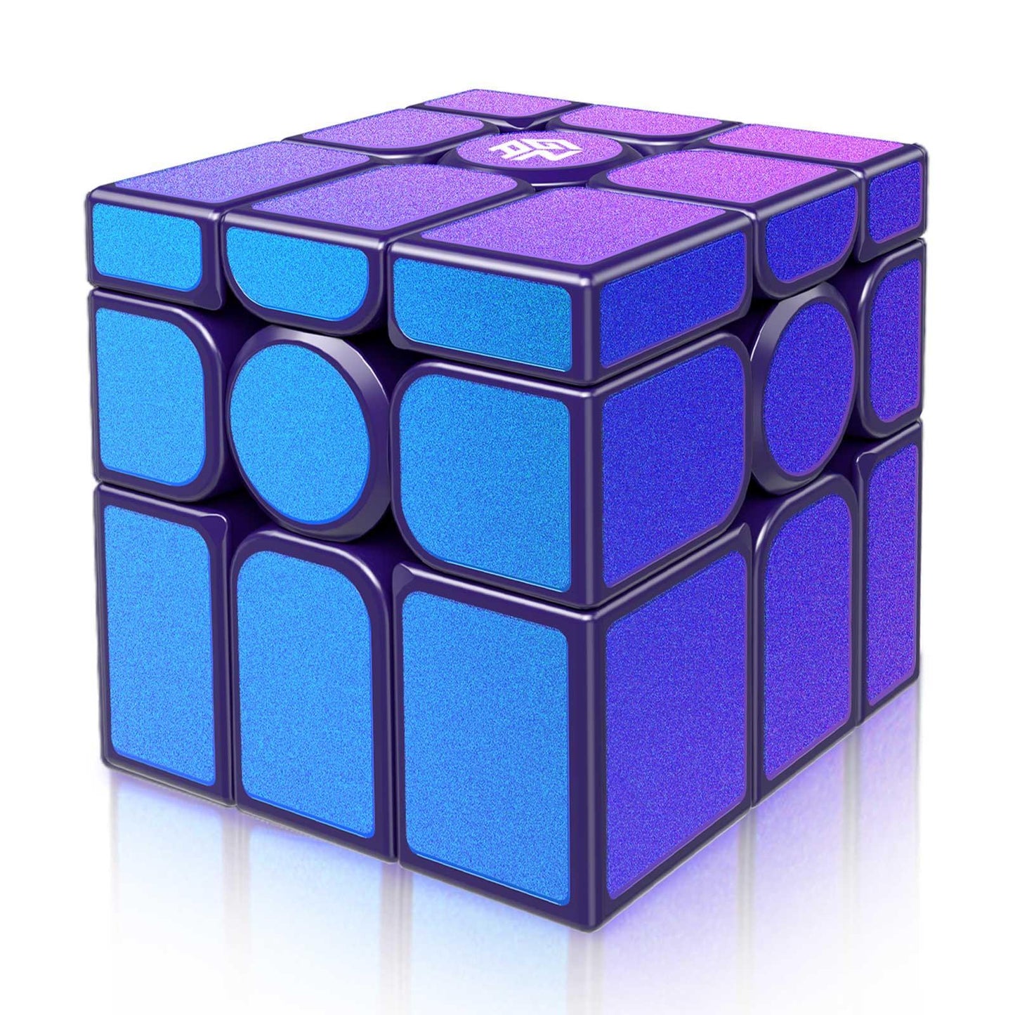 Blue and purple puzzle cube with rounded square and circle stickers, glossy finish
