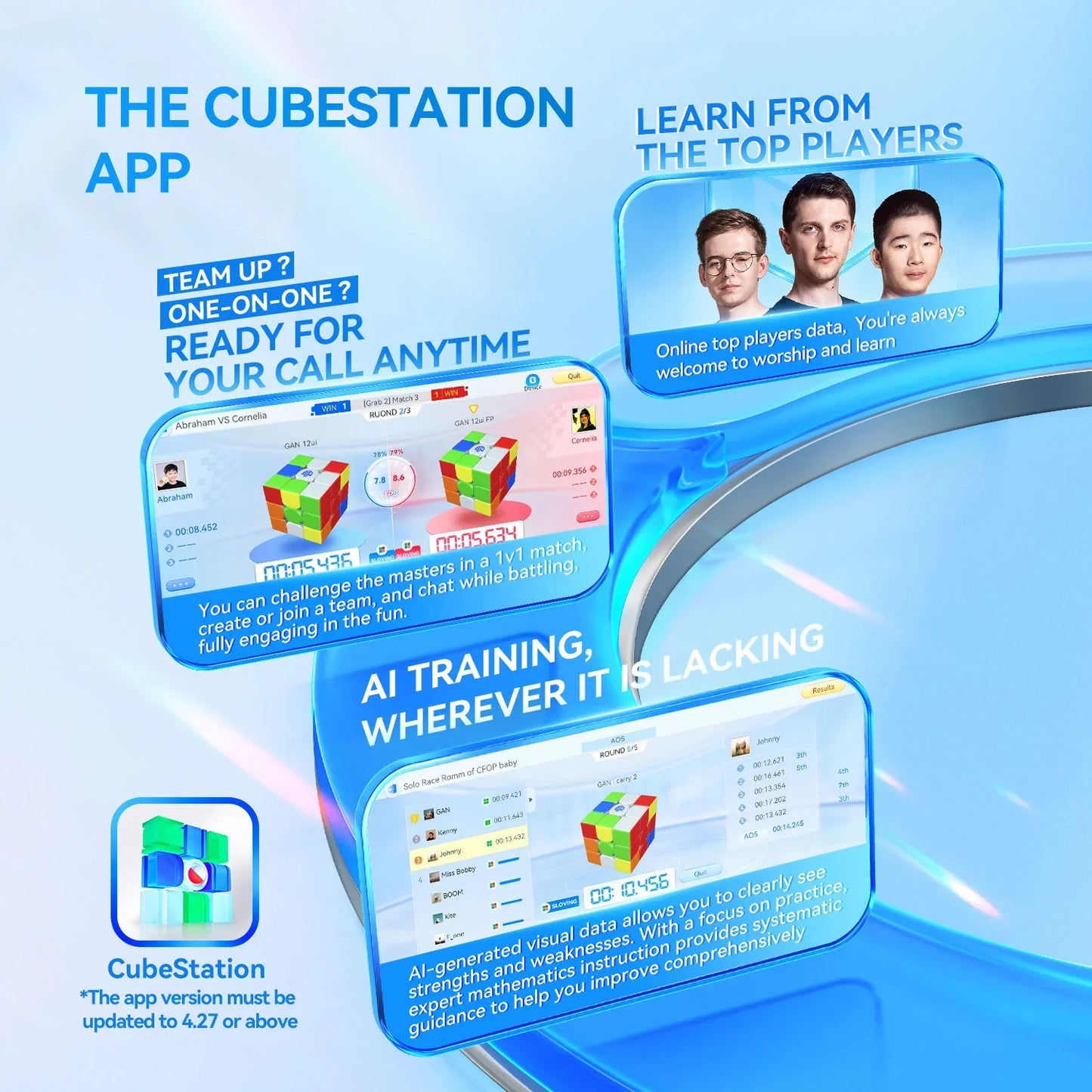 CubeStation app interface showing Rubik's Cube AI training, top players learning, and 1v1 match features