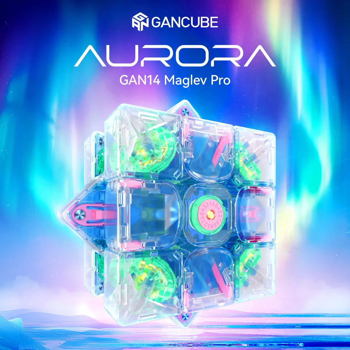 Transparent GAN14 Maglev Pro Rubik's Cube with colorful internal components on aurora-inspired blue and purple background