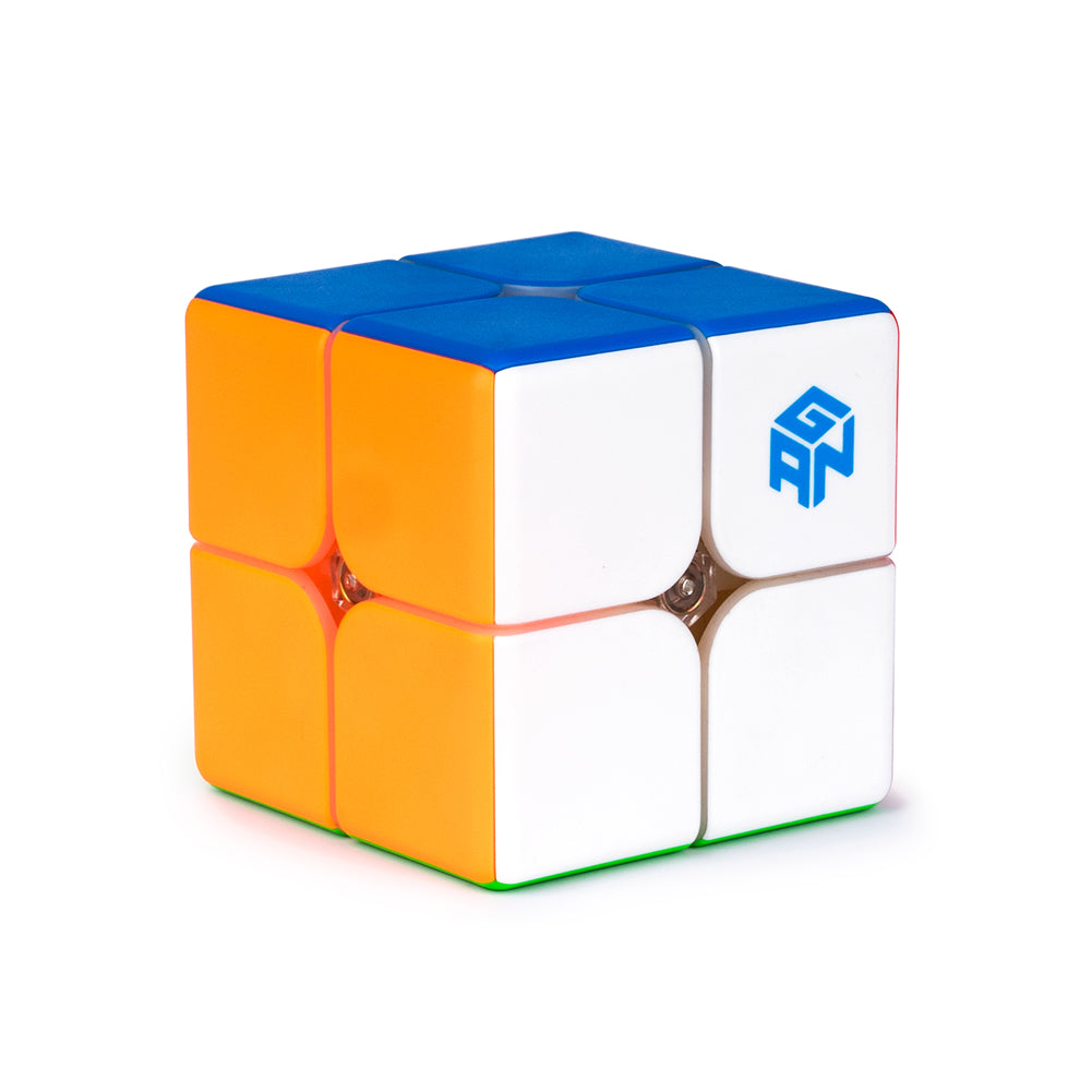 GAN 249 V2 2x2 speed cube puzzle with white, orange, and blue sides shown