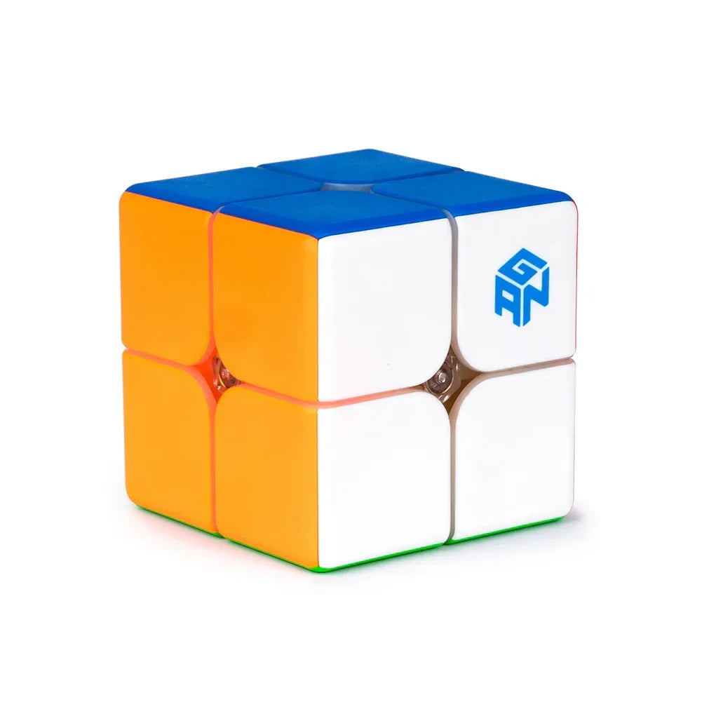 GAN 2x2 speedcube puzzle with blue, white, and orange sides, GAN logo visible