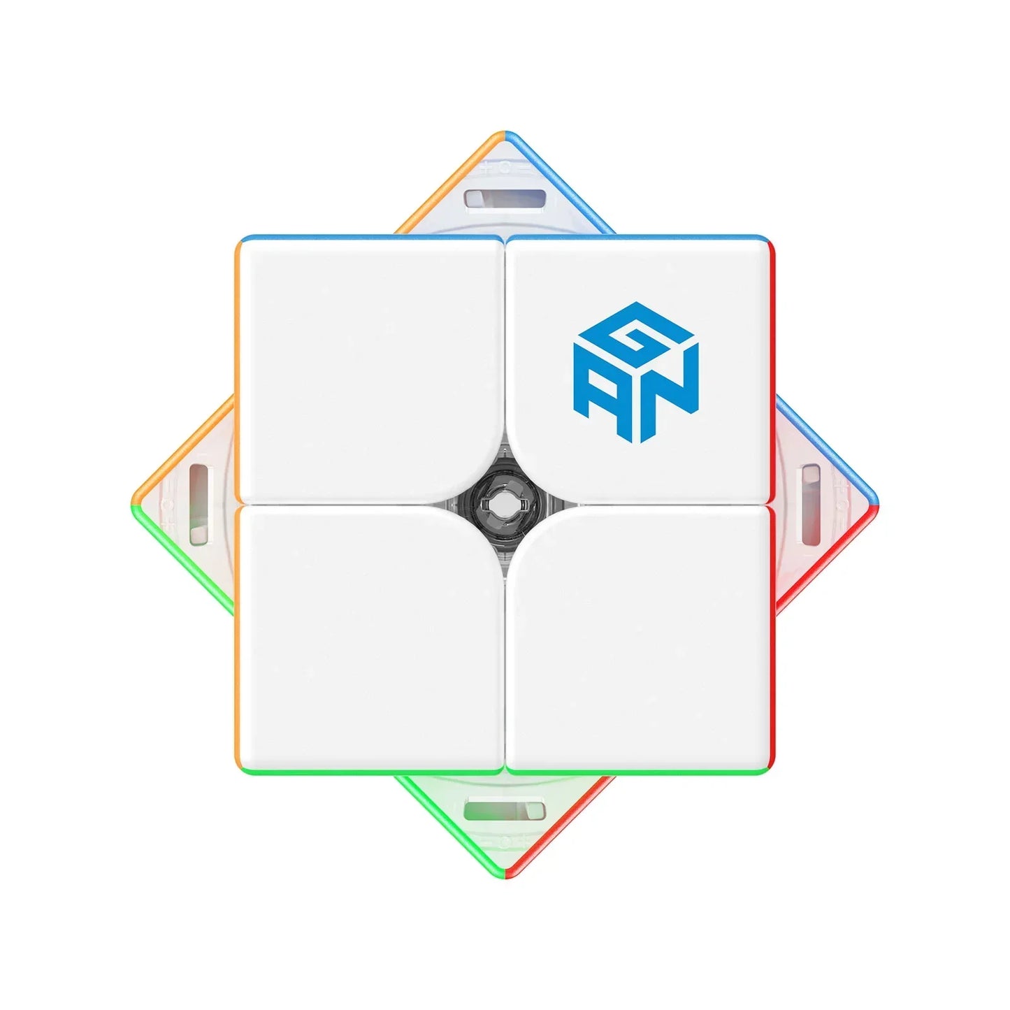 GAN 251 2x2 speed cube puzzle with white face and multicolor edges, blue GAN logo visible