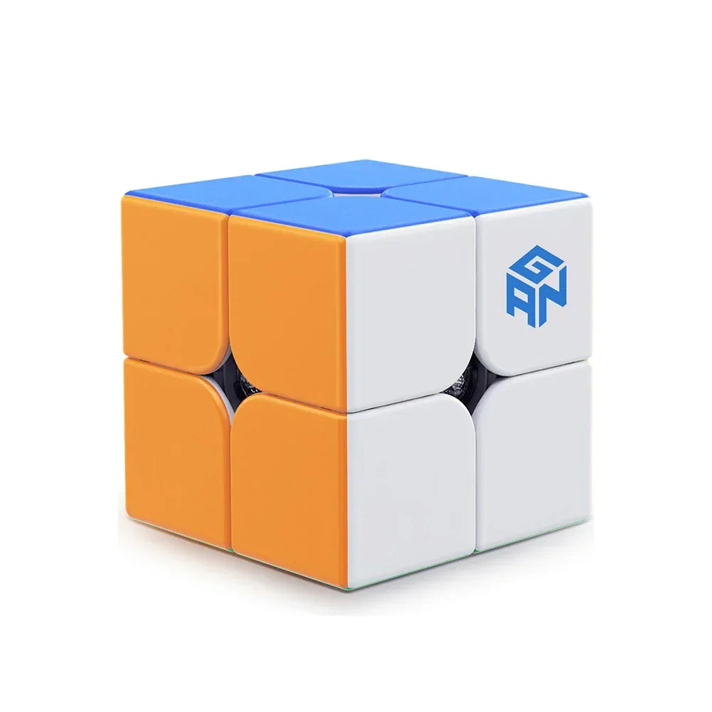 GAN 251 V2 puzzle cube with blue, orange, and white sides on a white background