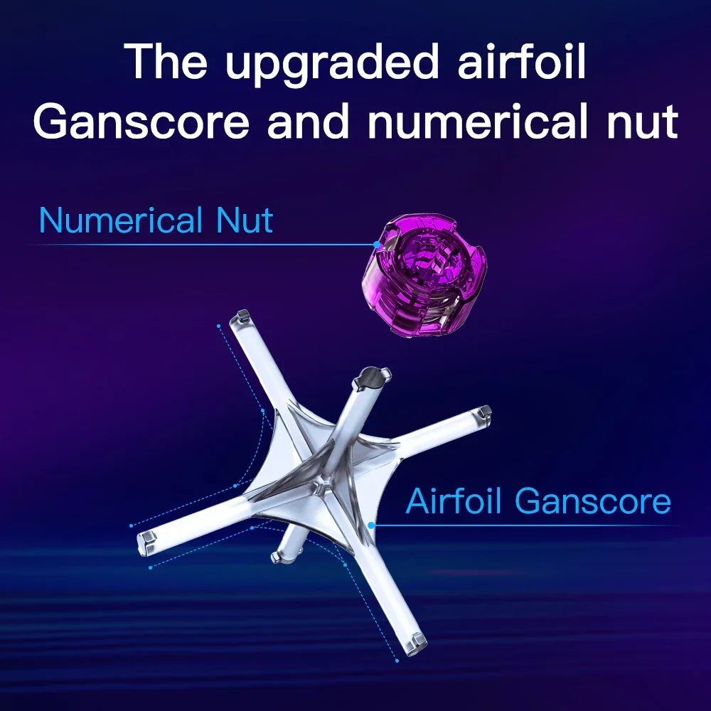 Upgraded airfoil Ganscore and purple numerical nut on a dark gradient background