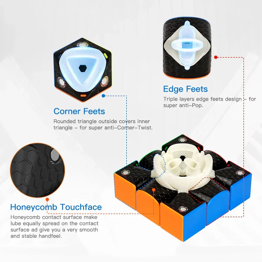Disassembled black honeycomb textured Rubik's Cube pieces with corner and edge feets and honeycomb touchface design