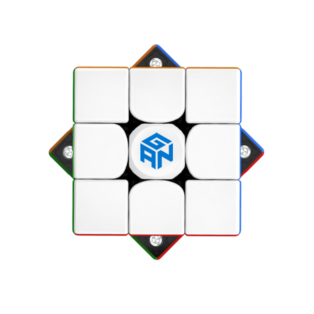 Top view of a white GAN 356 Air M speed cube with colorful edges and internal magnets visible