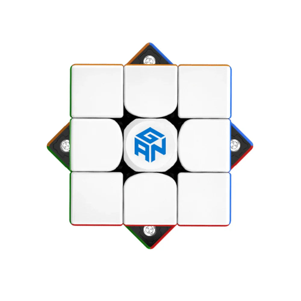 Top view of a white GAN 356 Air M speed cube with colorful edges and internal magnets visible