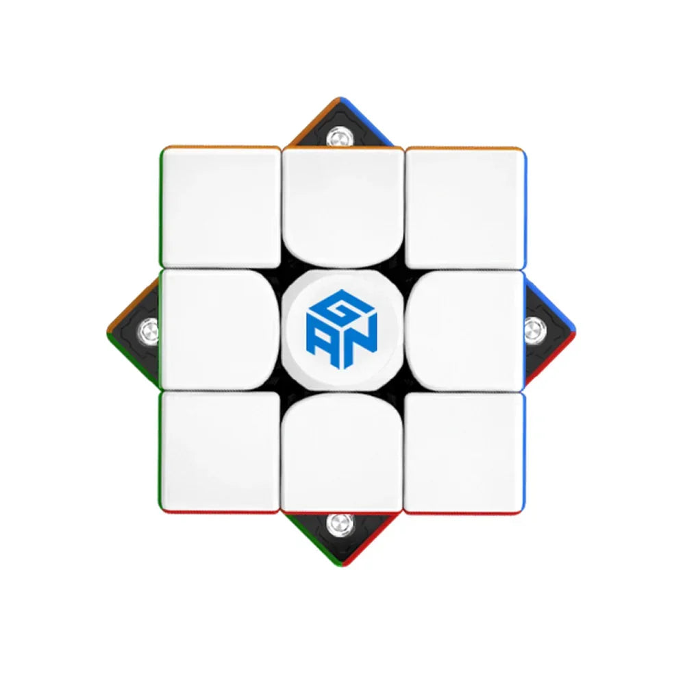 Top view of a white GAN 356 Air M speed cube with colorful edges and internal magnets visible