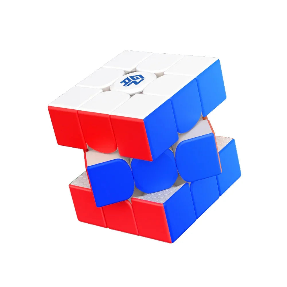 3x3 speed cube puzzle partially twisted, featuring red, blue, and white faces with smooth plastic finish