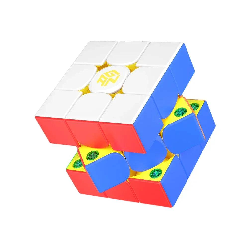 White, red, and blue 3x3 speed cube puzzle partially twisted showing yellow core with green tension screws