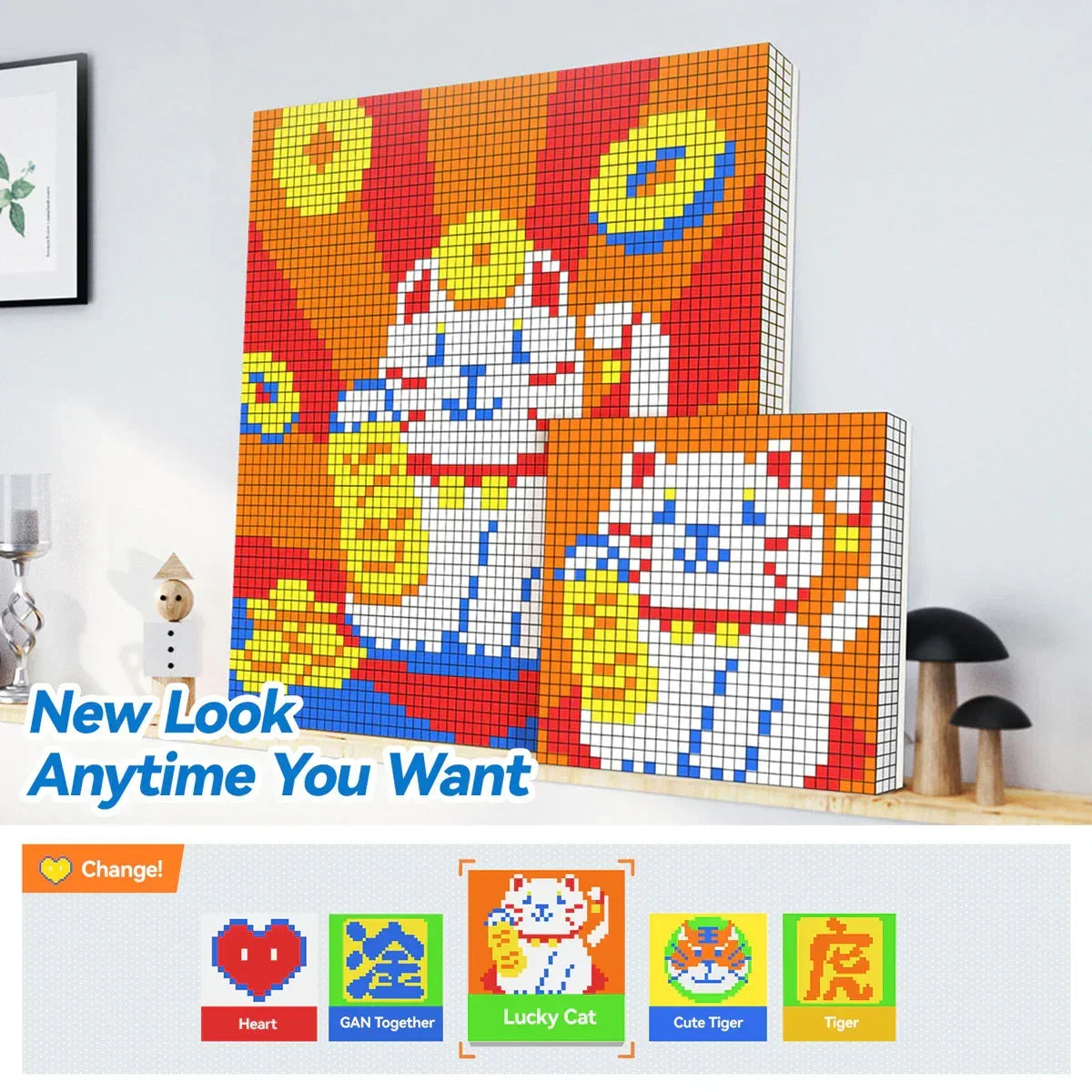 Pixel art of lucky cat with gold coins on canvas, vibrant orange and red background