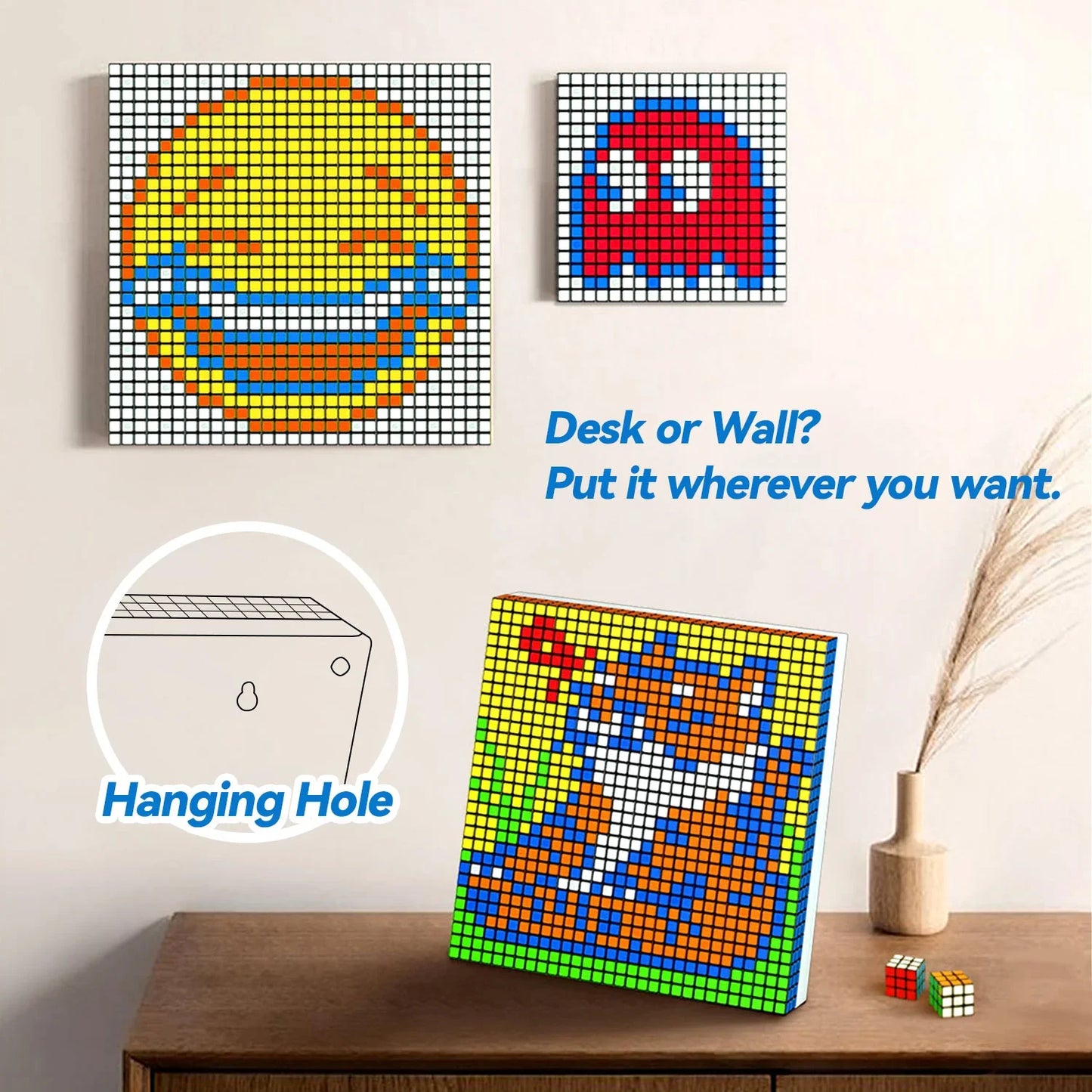 Rubik's Cube pixel art panels showing laughing emoji, red ghost, and fox, with text about desk or wall display