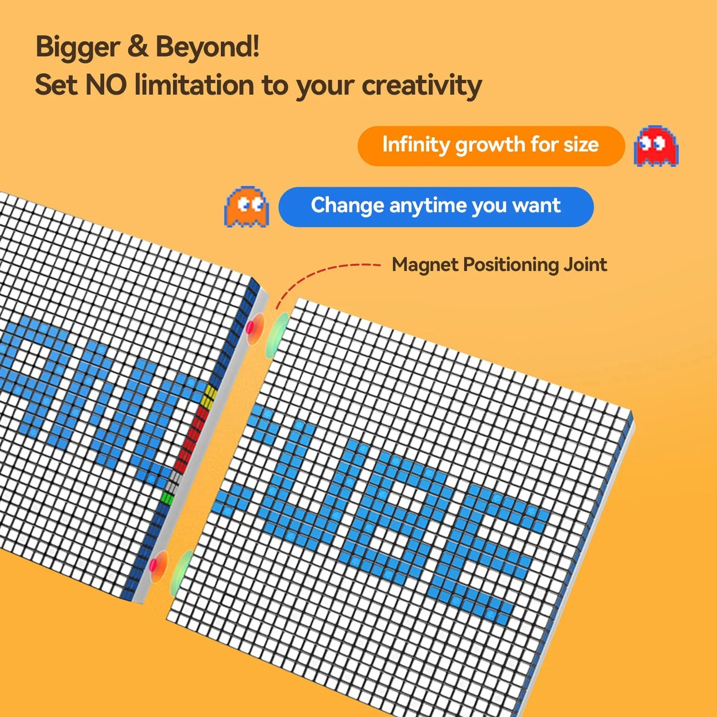Two connected pixel art boards with magnet positioning joint and text highlighting infinite size growth