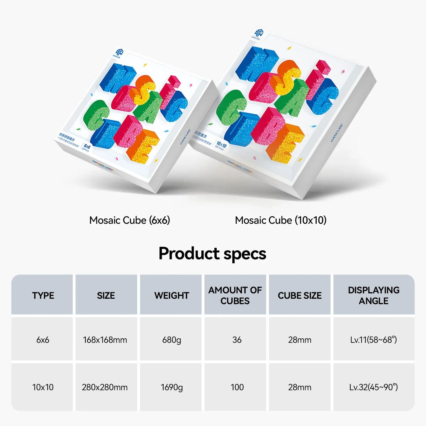 Packaging of Mosaic Cube puzzles in 6x6 and 10x10 sizes with colorful 3D letters on white boxes