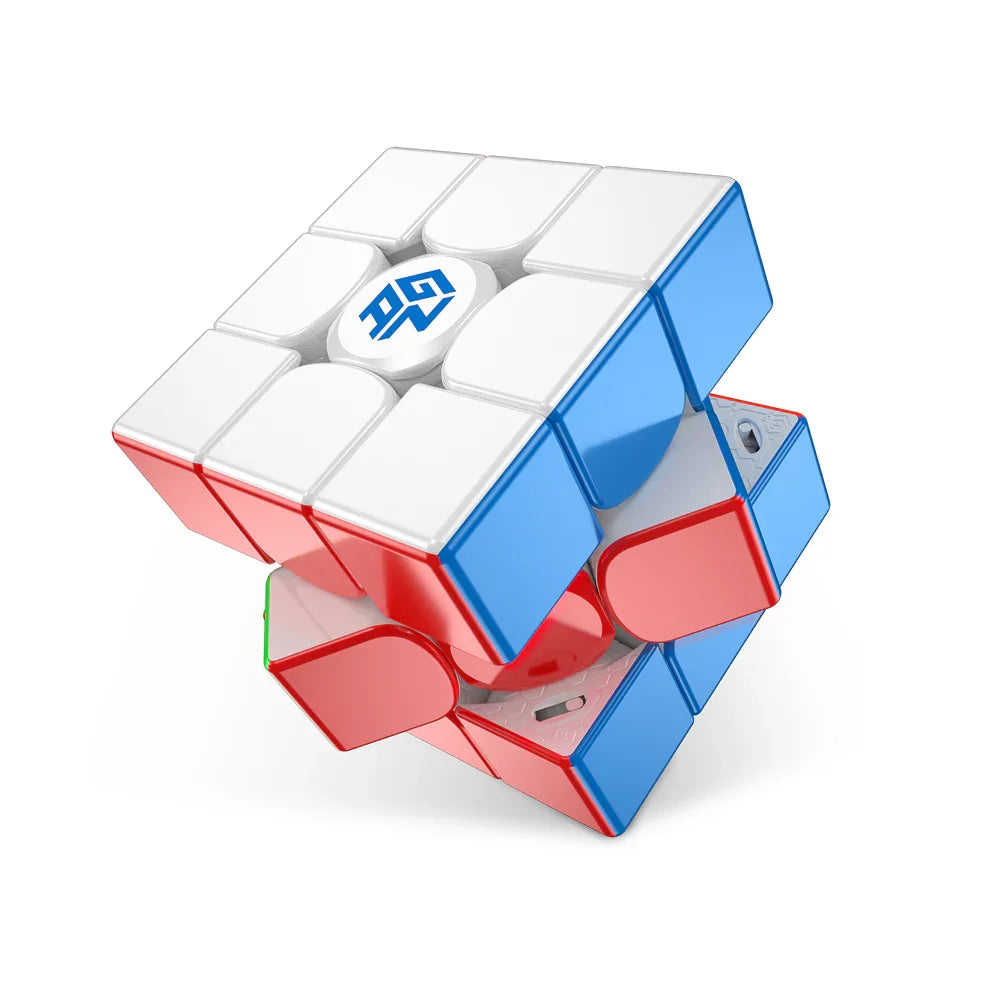 Partially twisted GAN 11M Pro magic cube with white, red, and blue stickers on white background
