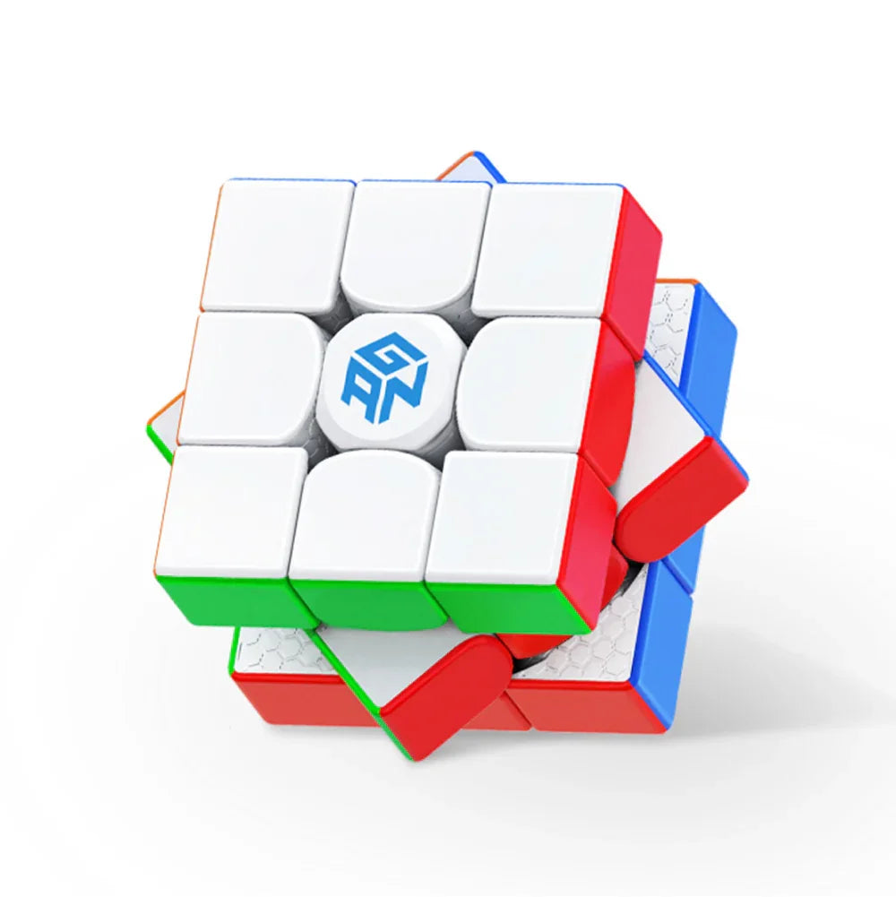 Partially twisted GAN branded 3x3 speed cube puzzle with white, red, green, and blue facets