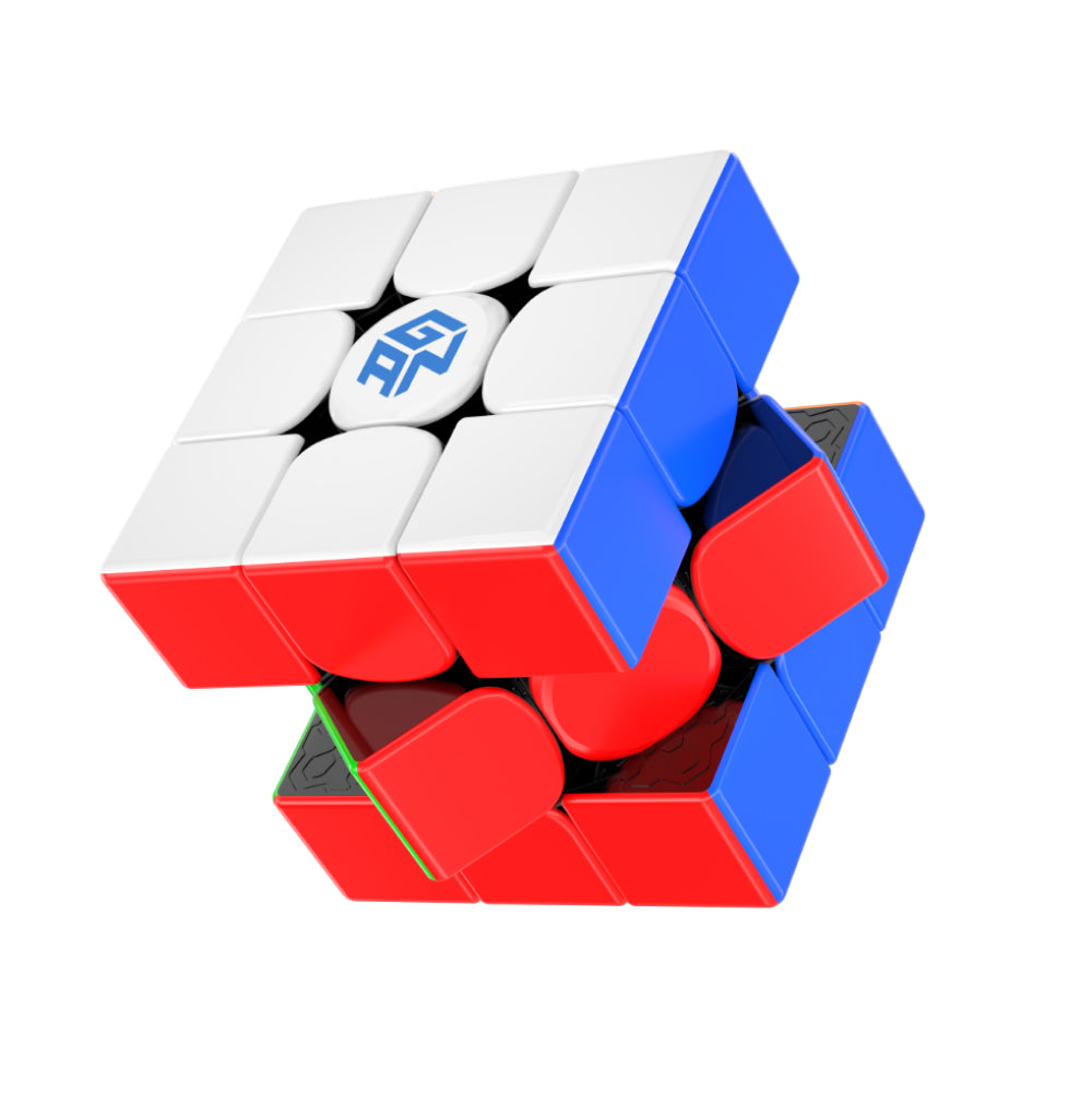 GAN 3x3 magnetic speed cube twist puzzle with white, blue, red faces shown in mid-turn