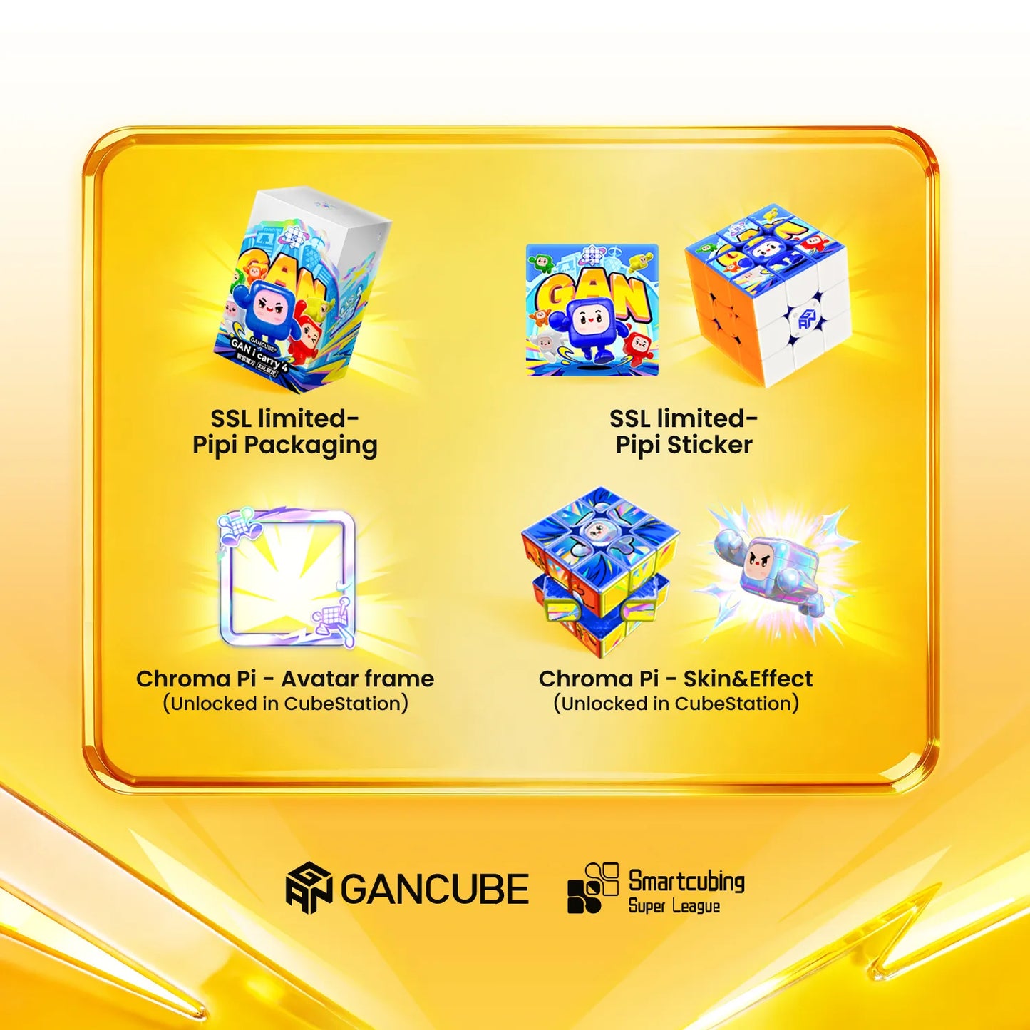 GANCUBE product packaging with various features on a yellow background
