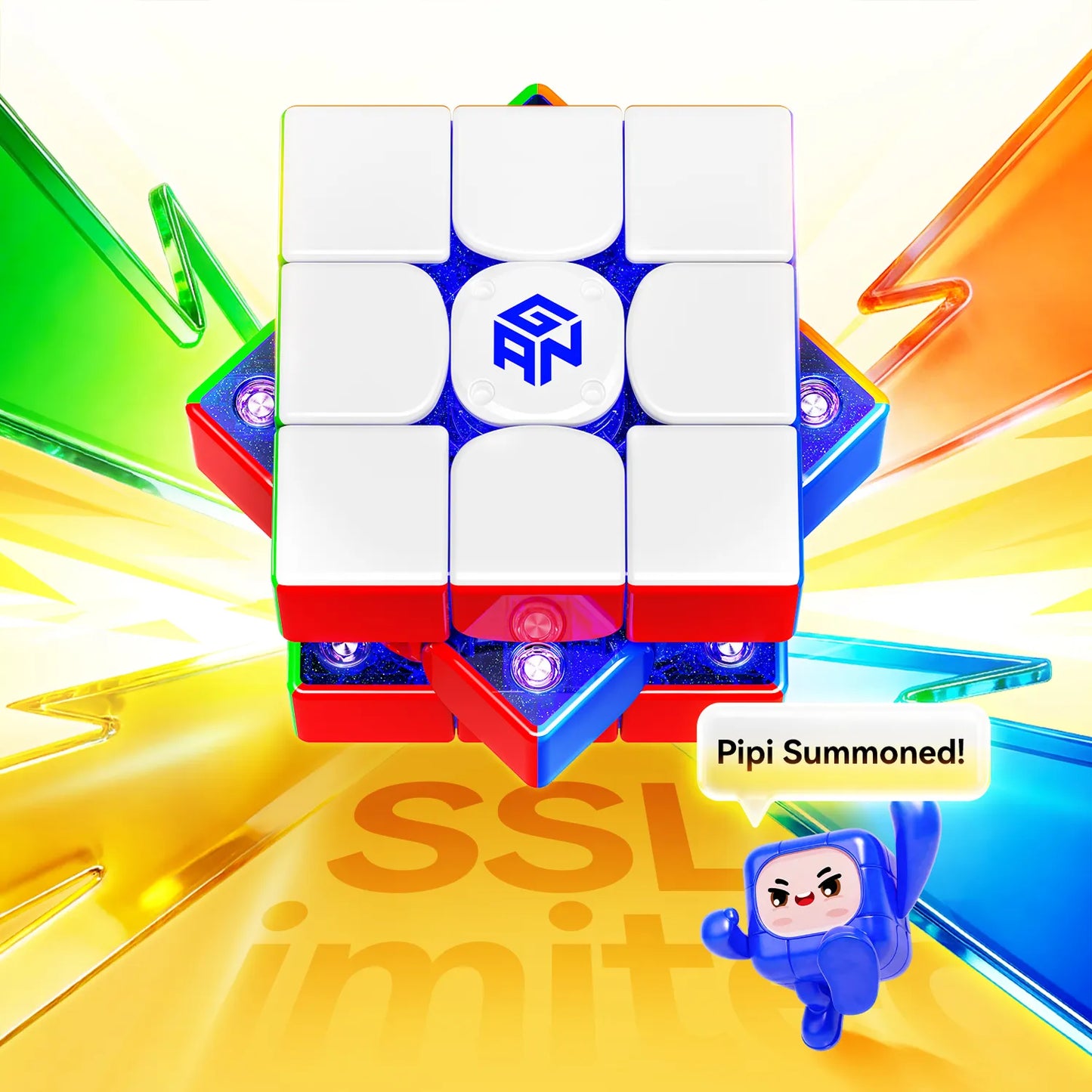 Colorful Rubik's cube with a character and text on a vibrant background
