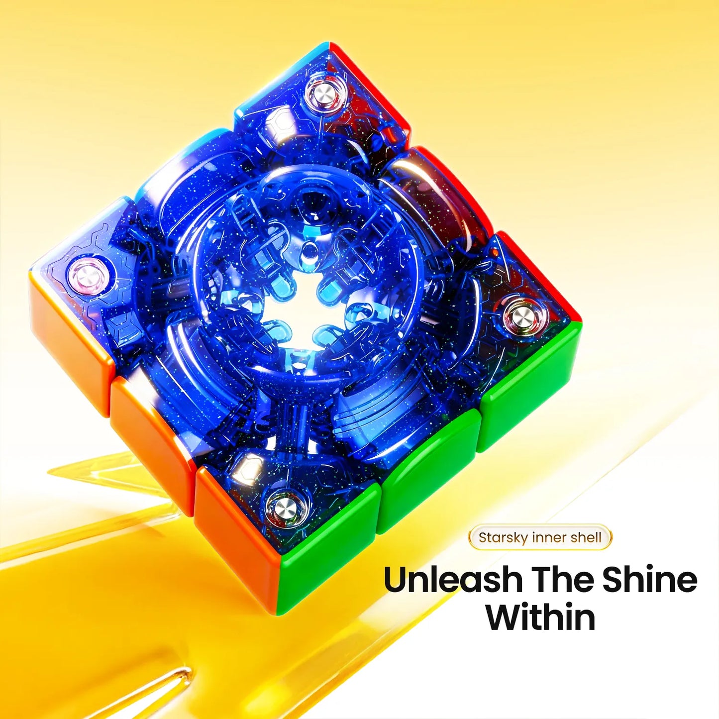 Colorful transparent puzzle toy with blue center on a yellow background, featuring text 'Unleash The Shine Within'.