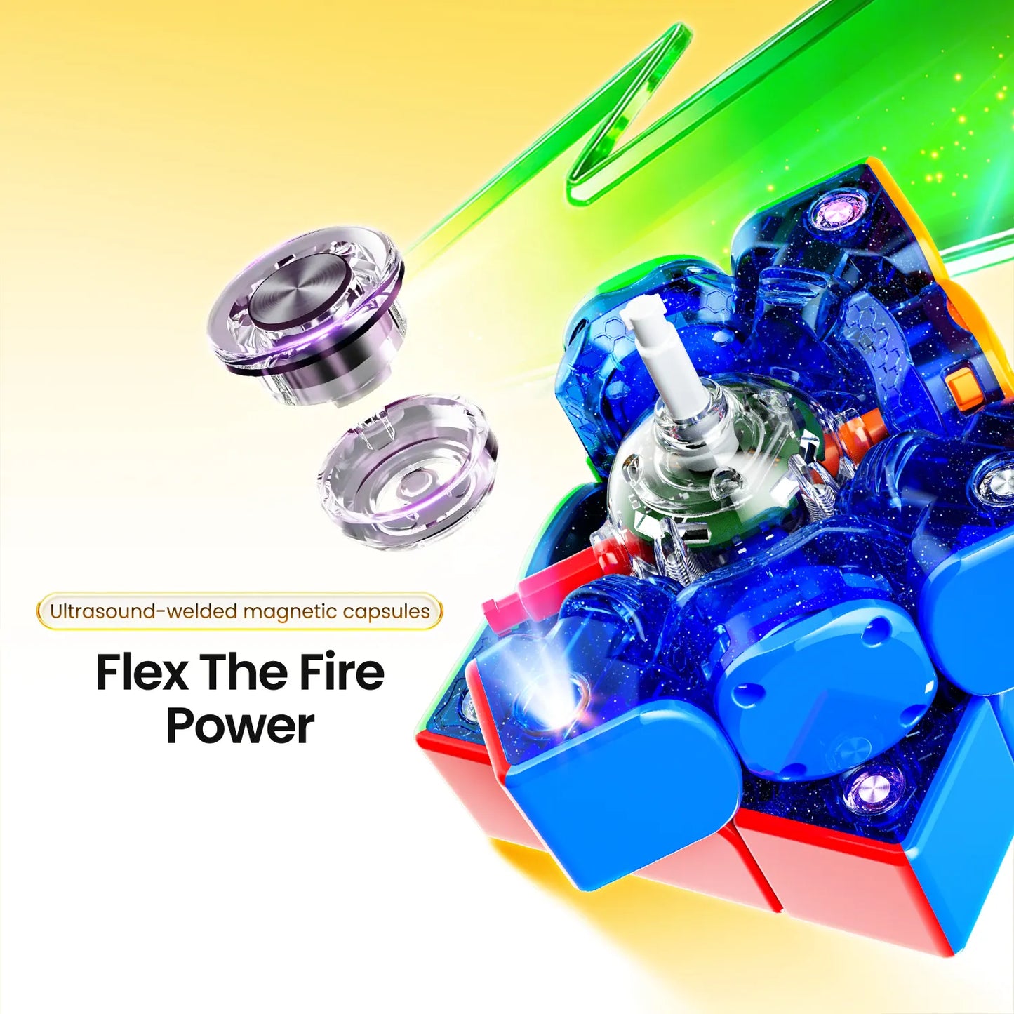 Colorful mechanical device with text 'Flex The Fire Power' on a gradient background