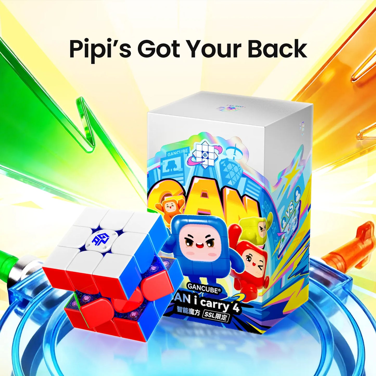 Gan puzzle cube with colorful packaging featuring cartoon characters on a vibrant background.