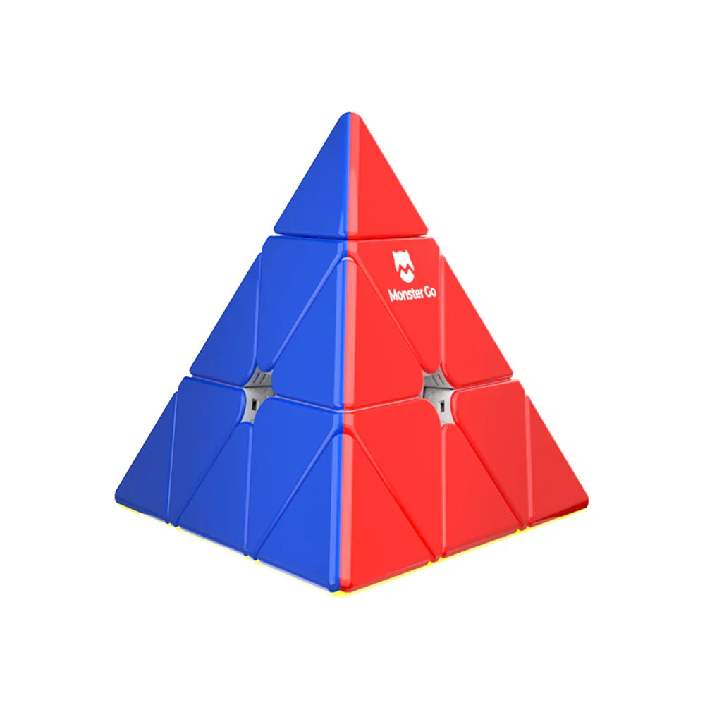 Monster Go Pyraminx puzzle cube in red and blue colors on white background