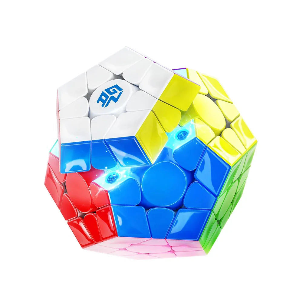 Colorful Megaminx twisty puzzle with white, blue, yellow, green, red, and pink sides isolated on white
