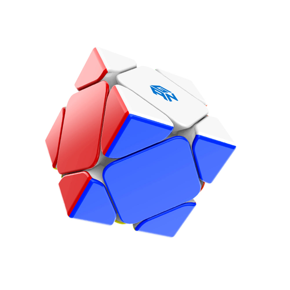 ShengShou Skewb M magnetic twist puzzle cube with red, blue, and white faces on white background