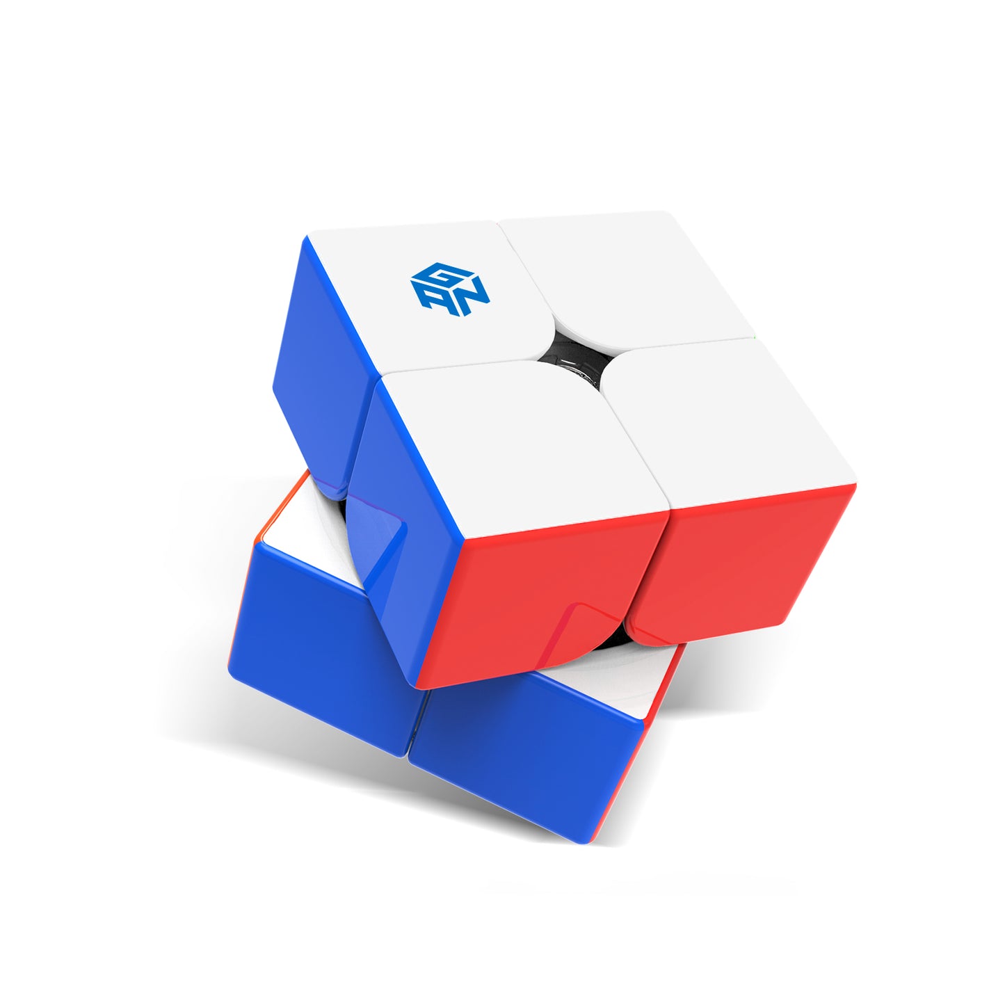 GAN Air speed cube with white, red, and blue stickers, partially twisted on white background