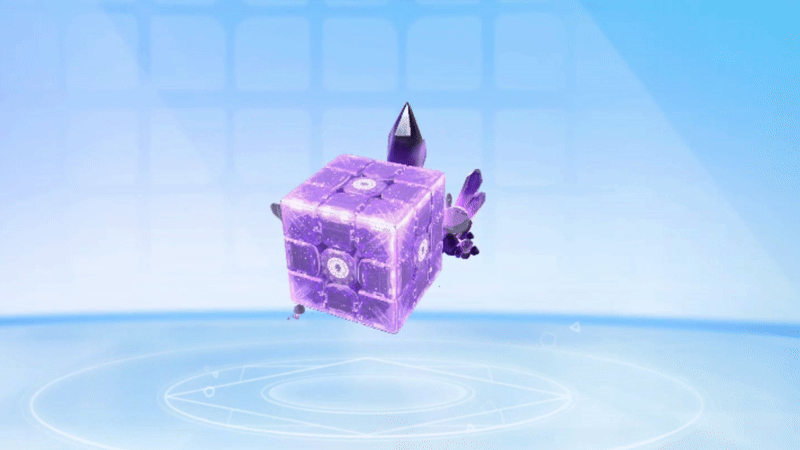 Animated purple GAN speedcube with crystal effect and digital background, GANCUBE smart cube