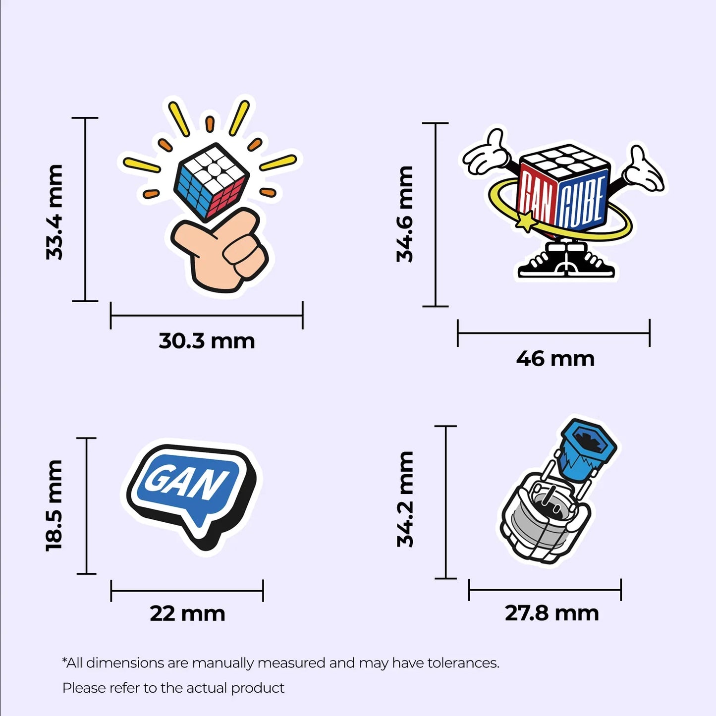 Four colorful GAN Cube stickers with hand, logo, and puzzle piece designs with measured dimensions on a purple background