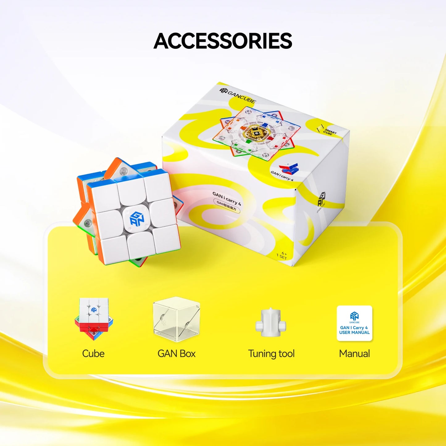 GANCUBE GAN i Carry 4 speed cube set with box, tuning tool, manual, and GAN Box accessories.