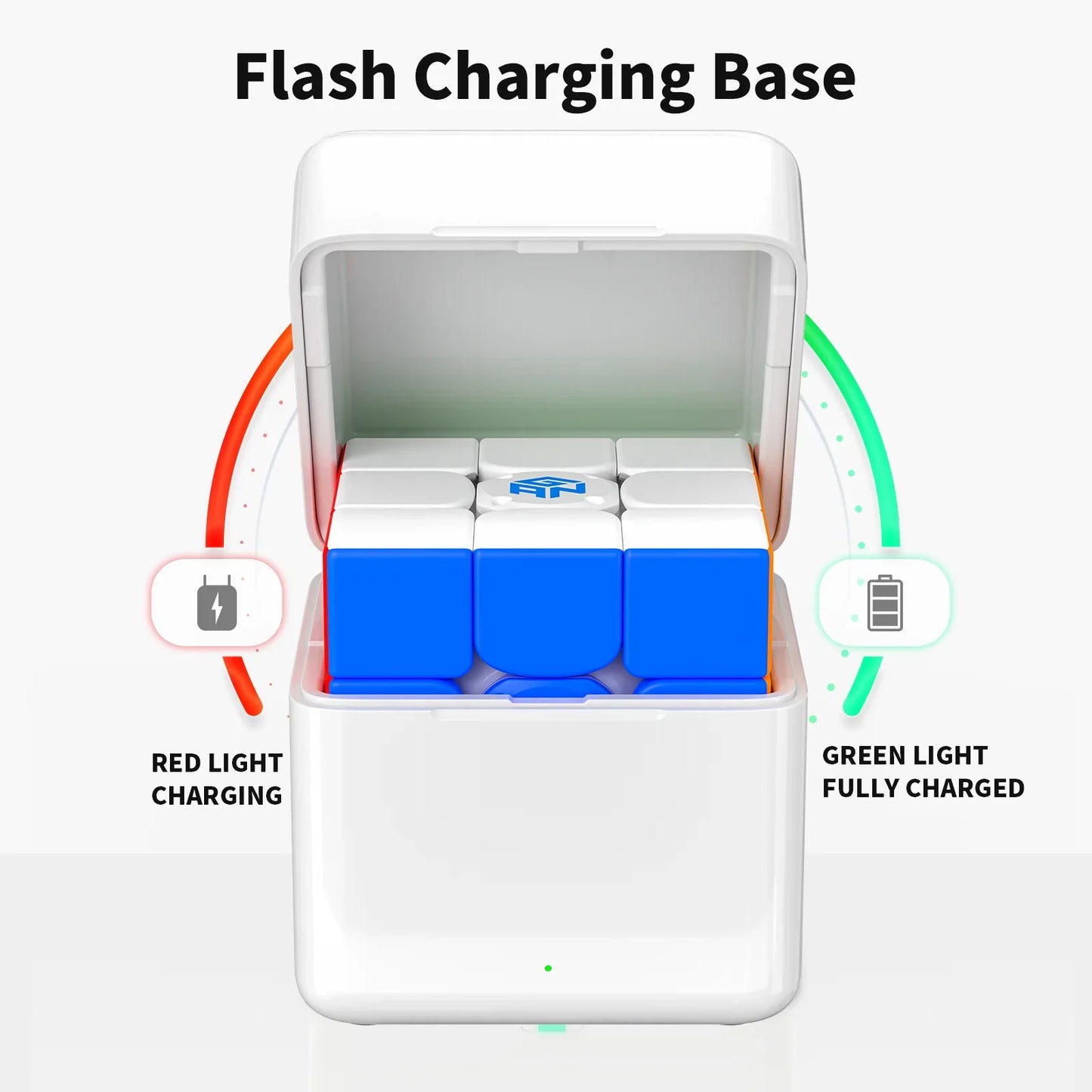 White flash charging base with a blue and white puzzle cube, showing red light for charging and green light for fully charged