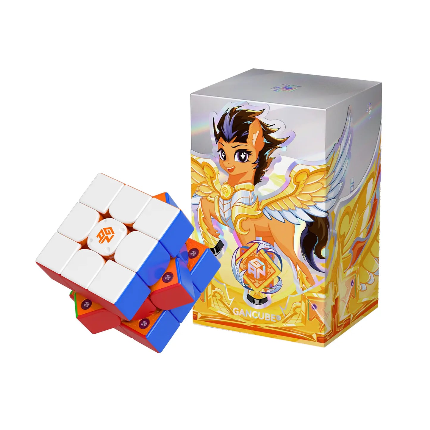 GANCUBE speed cube with colorful box featuring a winged horse character and GAN logo.