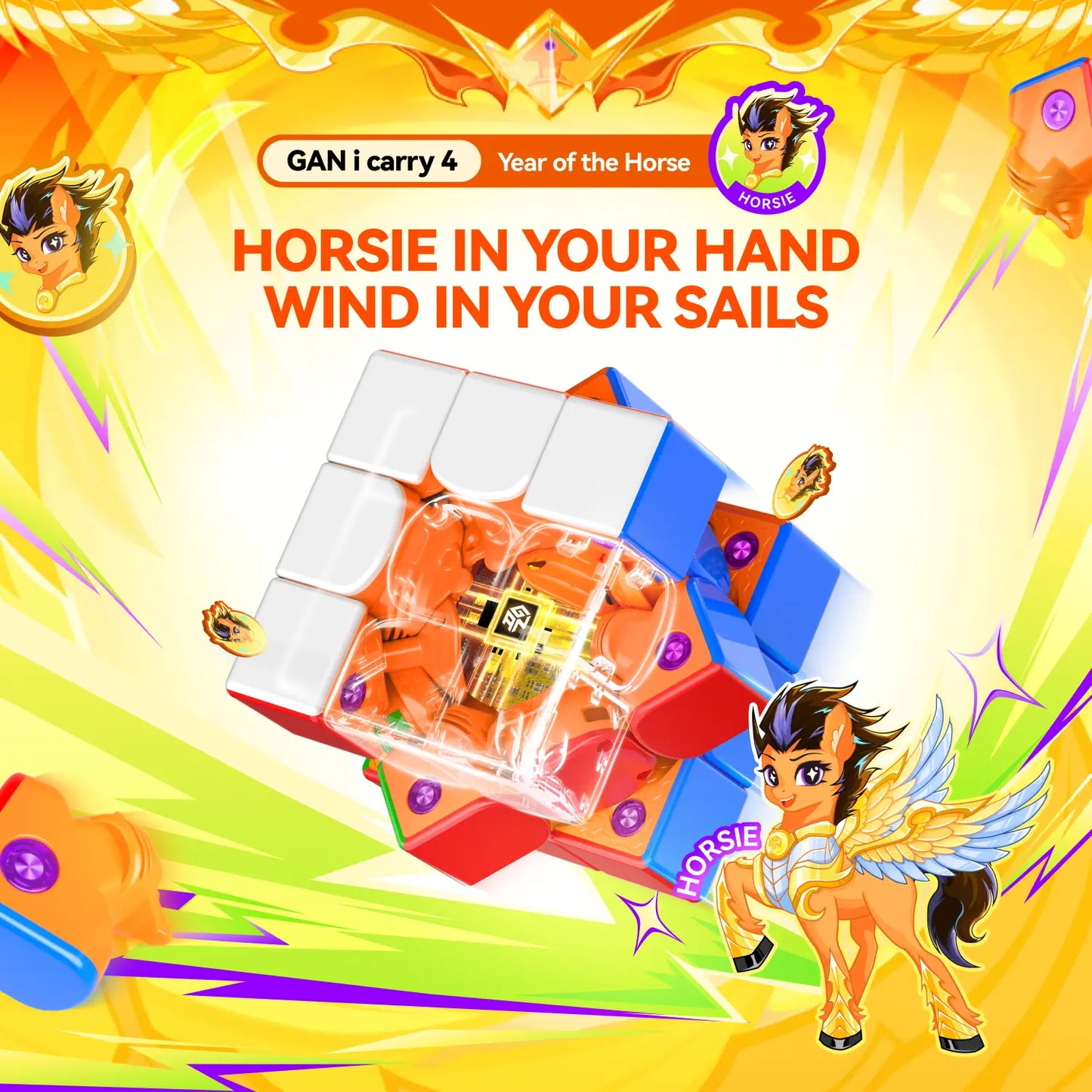 GANCUBE GAN i Carry 4 speed cube Year of the Horse edition with colorful horse mascot and vibrant background
