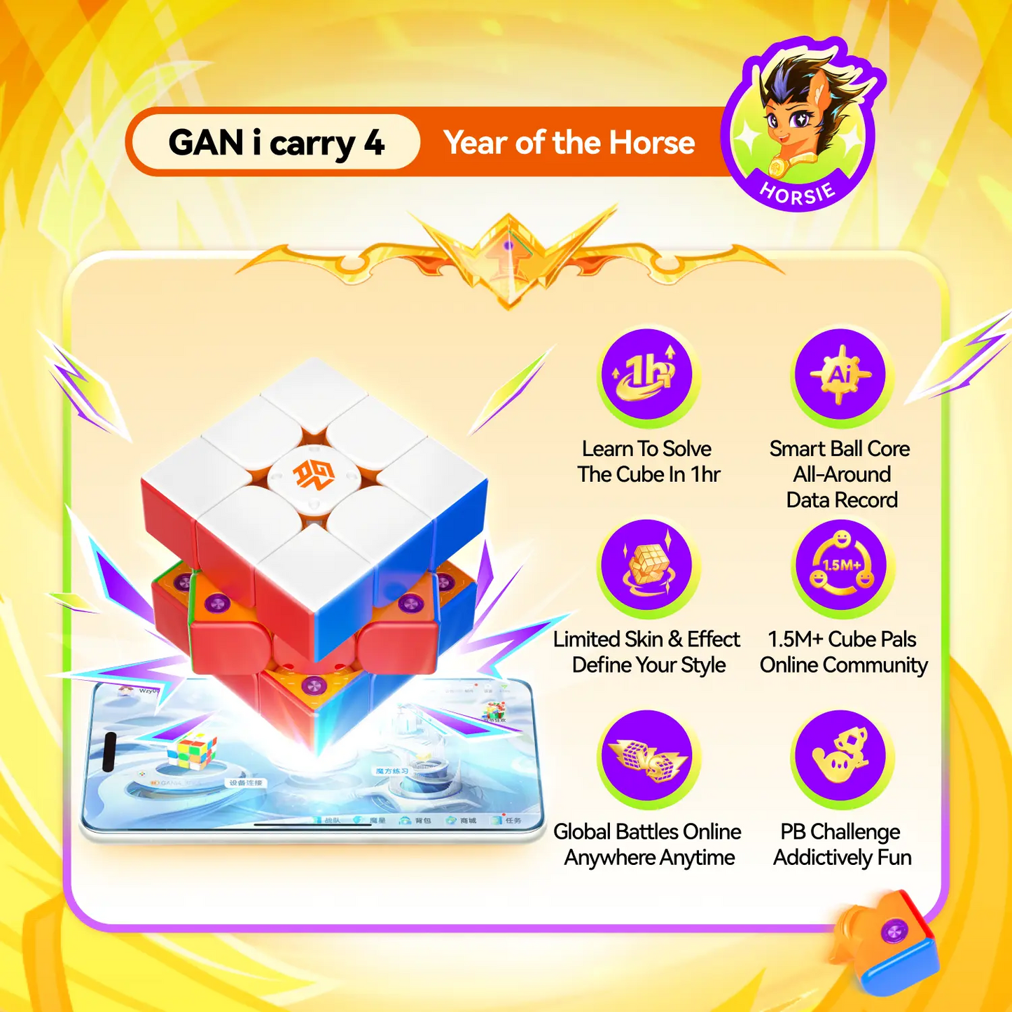 GANCUBE GAN i carry 4 Year of the Horse edition smart speed cube hovering over a smartphone, with feature icons highlighting rapid learning, smart ball core, customizable skins, online community, global battles, and personal best challenges.