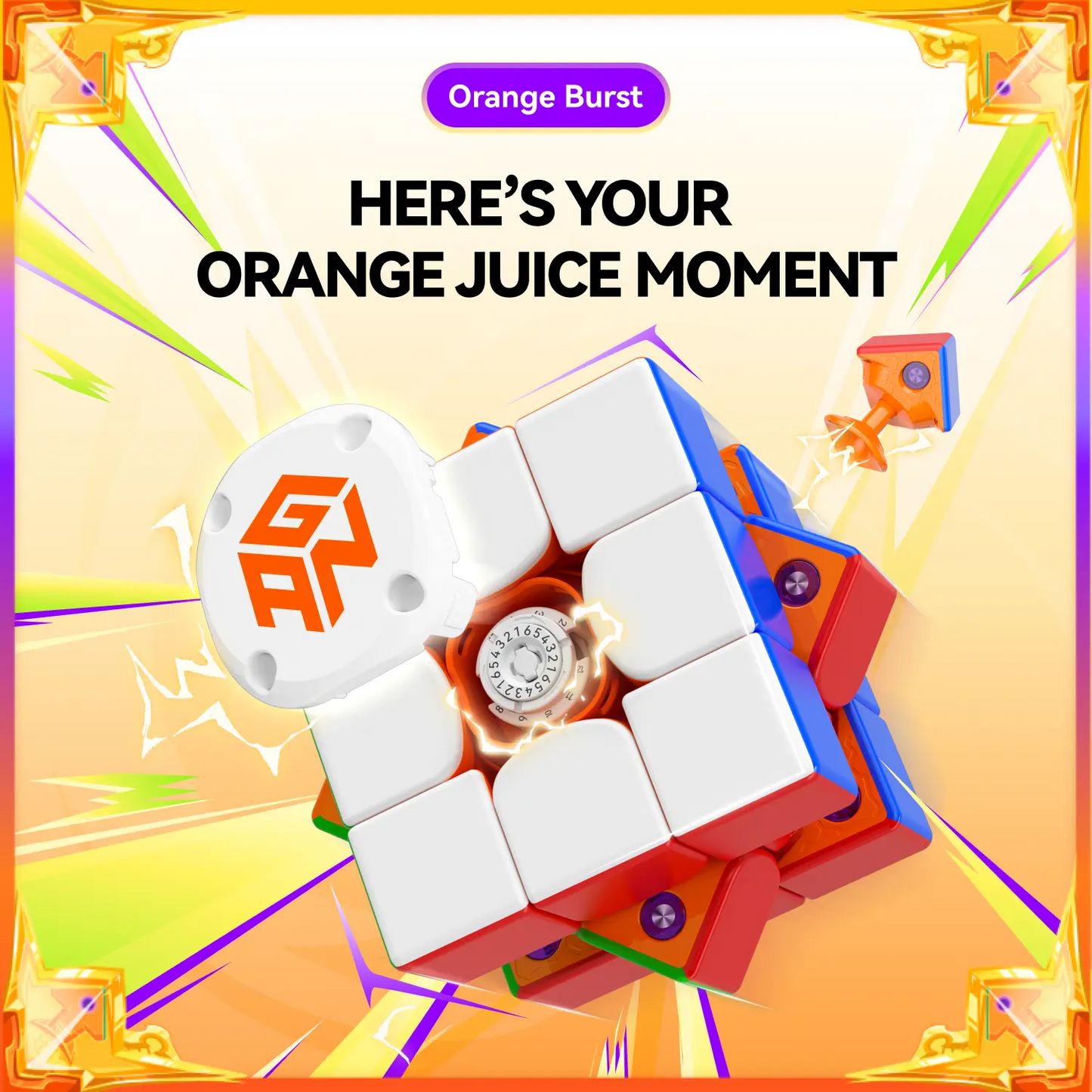 GANCUBE speedcube Orange Burst edition with open cap and orange internal mechanism, promo graphic.