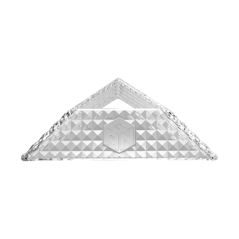 Clear triangular crystal stand with pyramid pattern and cube logo in center on white background