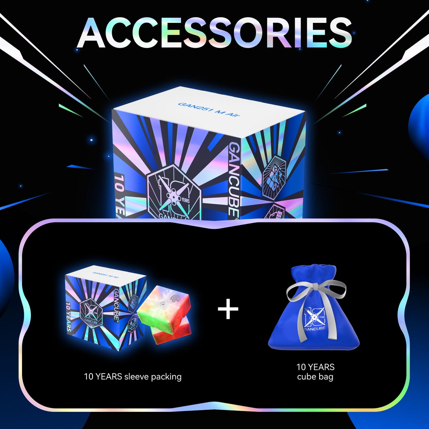 GAN251 M Air 10 years edition cube packaging and blue 10 years GAN cube bag with holographic design