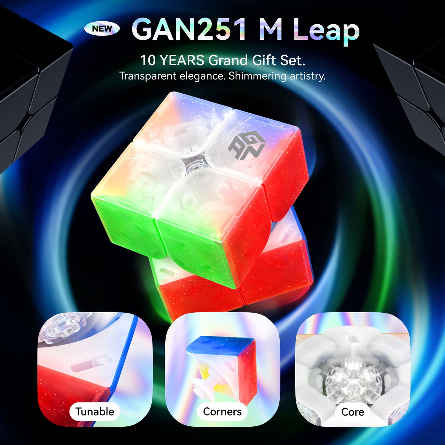 GAN251 M Leap transparent speed cube with colorful sides and tuning details in gift set