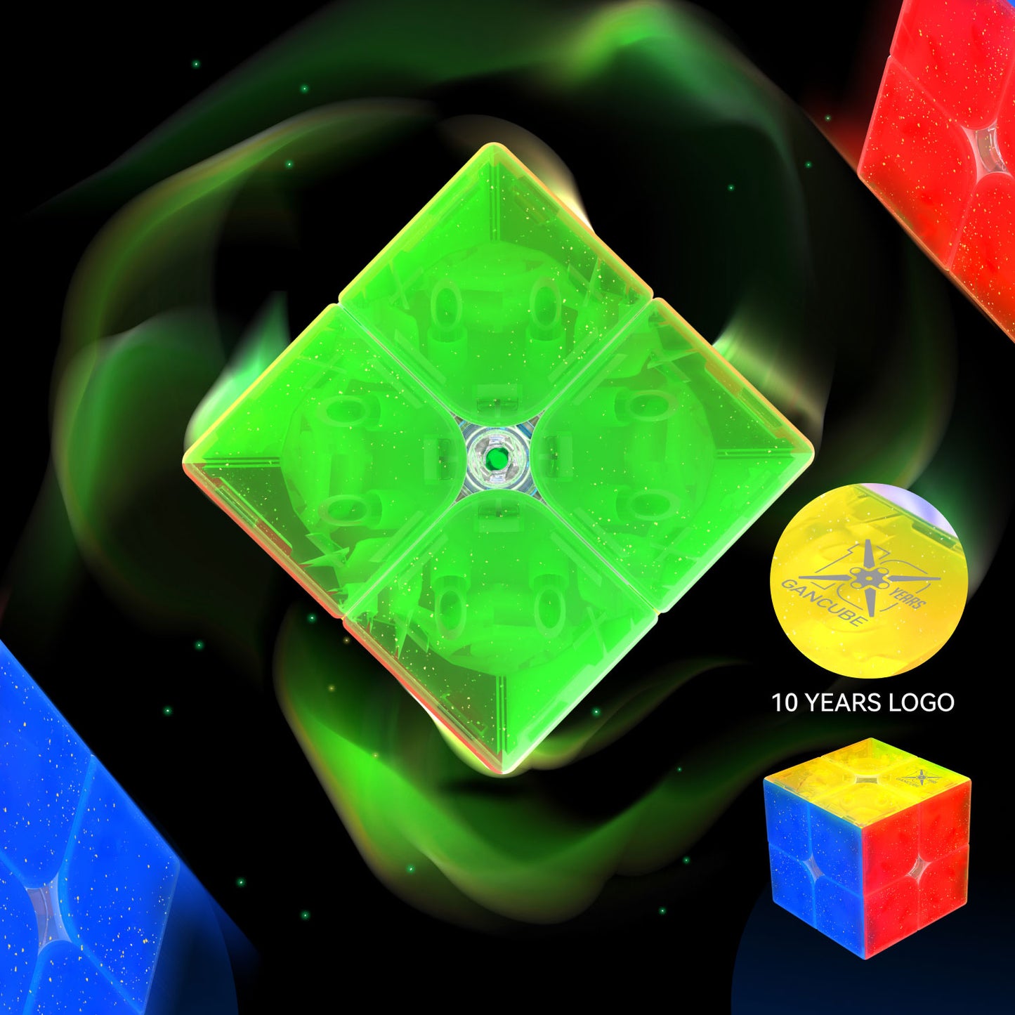 Colorful translucent 2x2 speedcube puzzle with green center, blue and red sides, celebrating GanCube 10 years