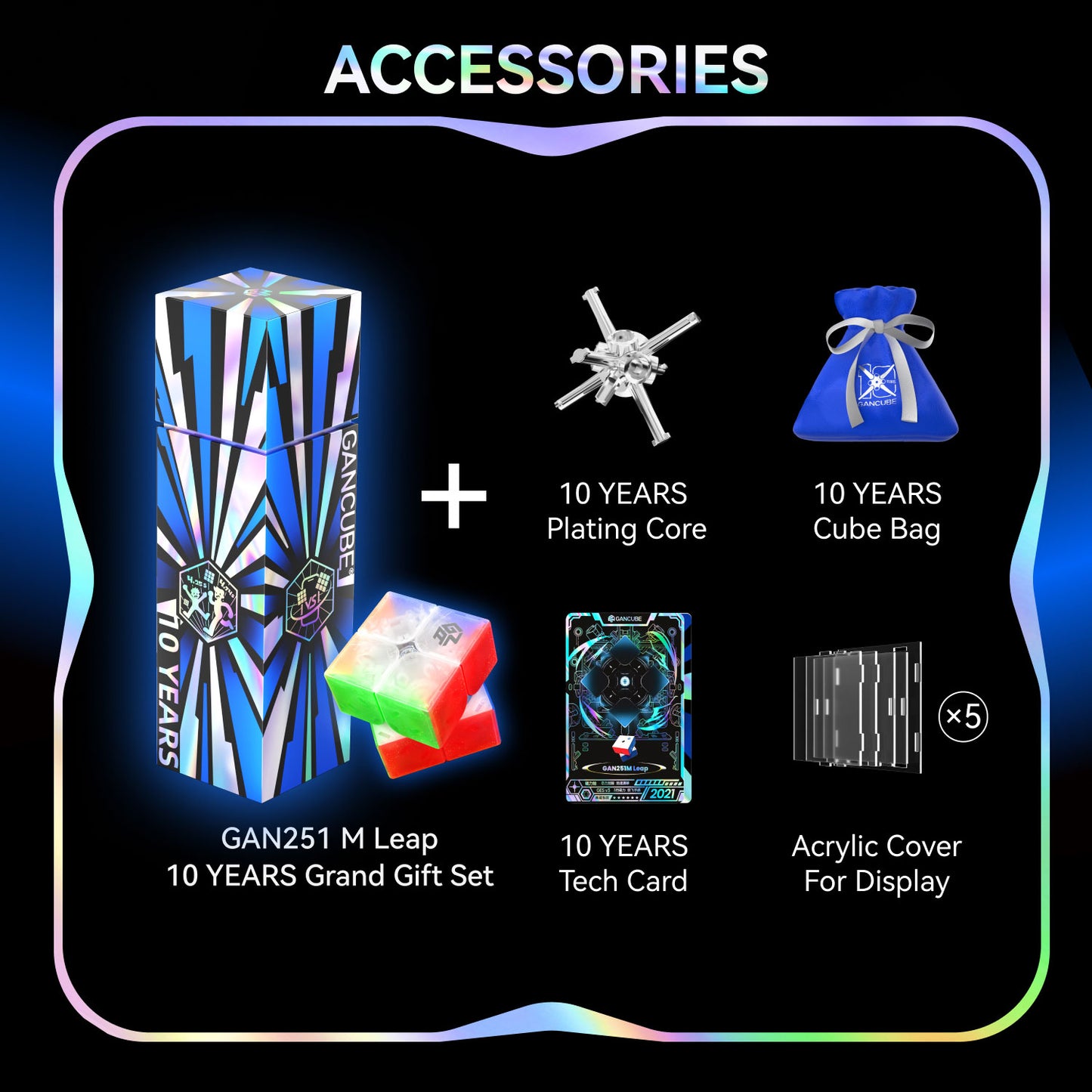 GAN251 M Leap 10 Years Grand Gift Set with holographic packaging, plating core, blue cube bag, tech card, and acrylic display covers