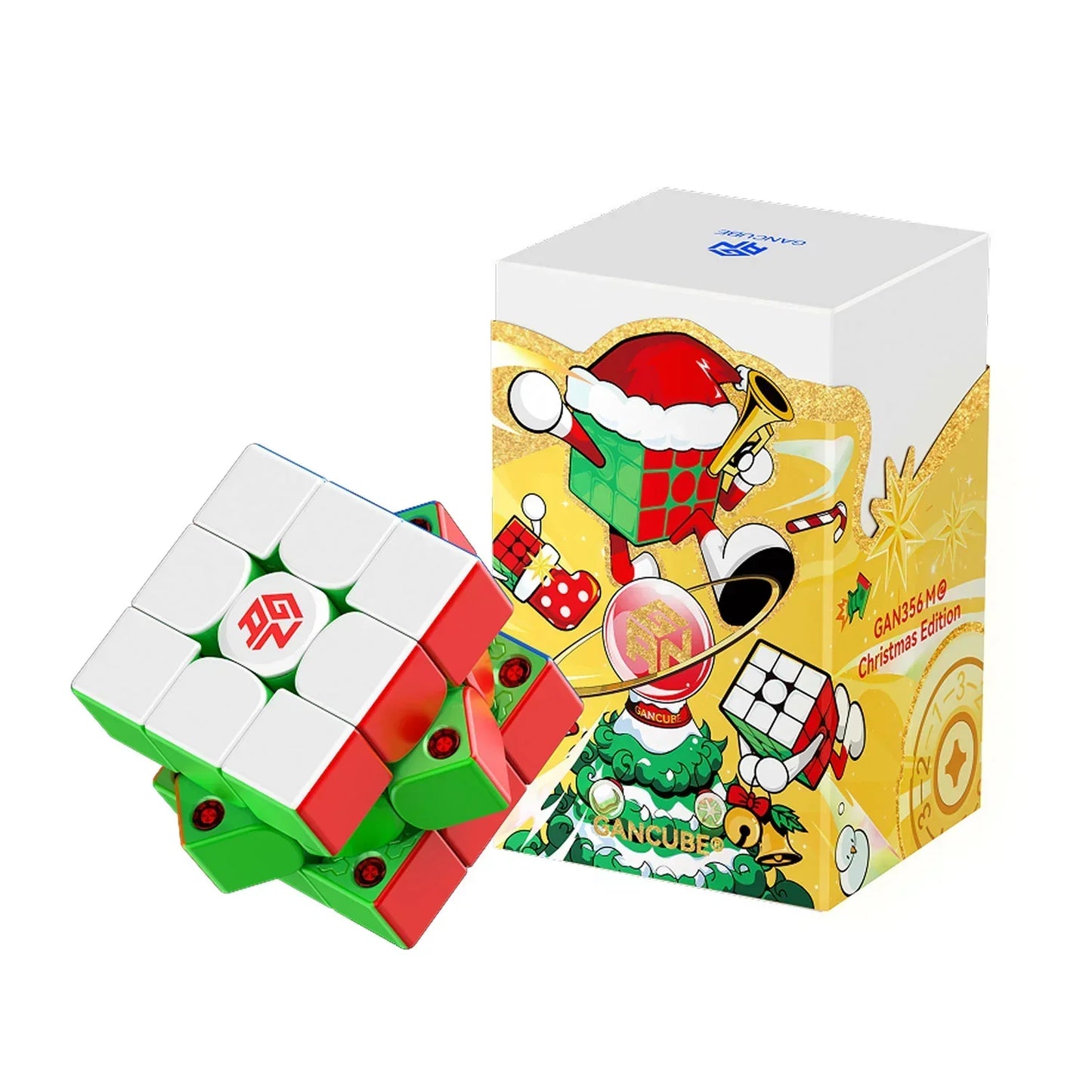 GAN356 M© Christmas Edition speed cube partially scrambled with festive holiday-themed packaging