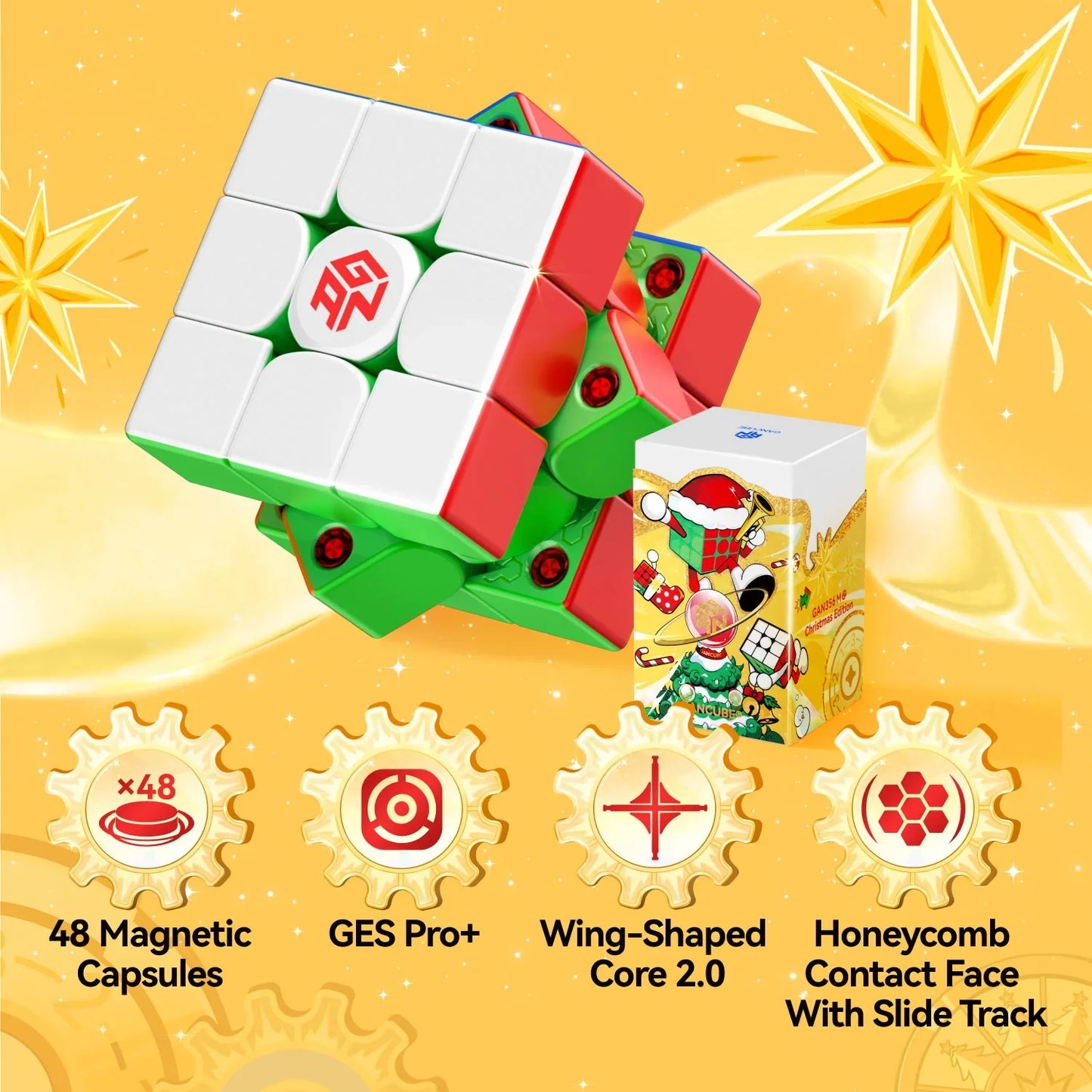 Gan356 M O magnetic 3x3 speed cube with Christmas edition packaging and key features on yellow background