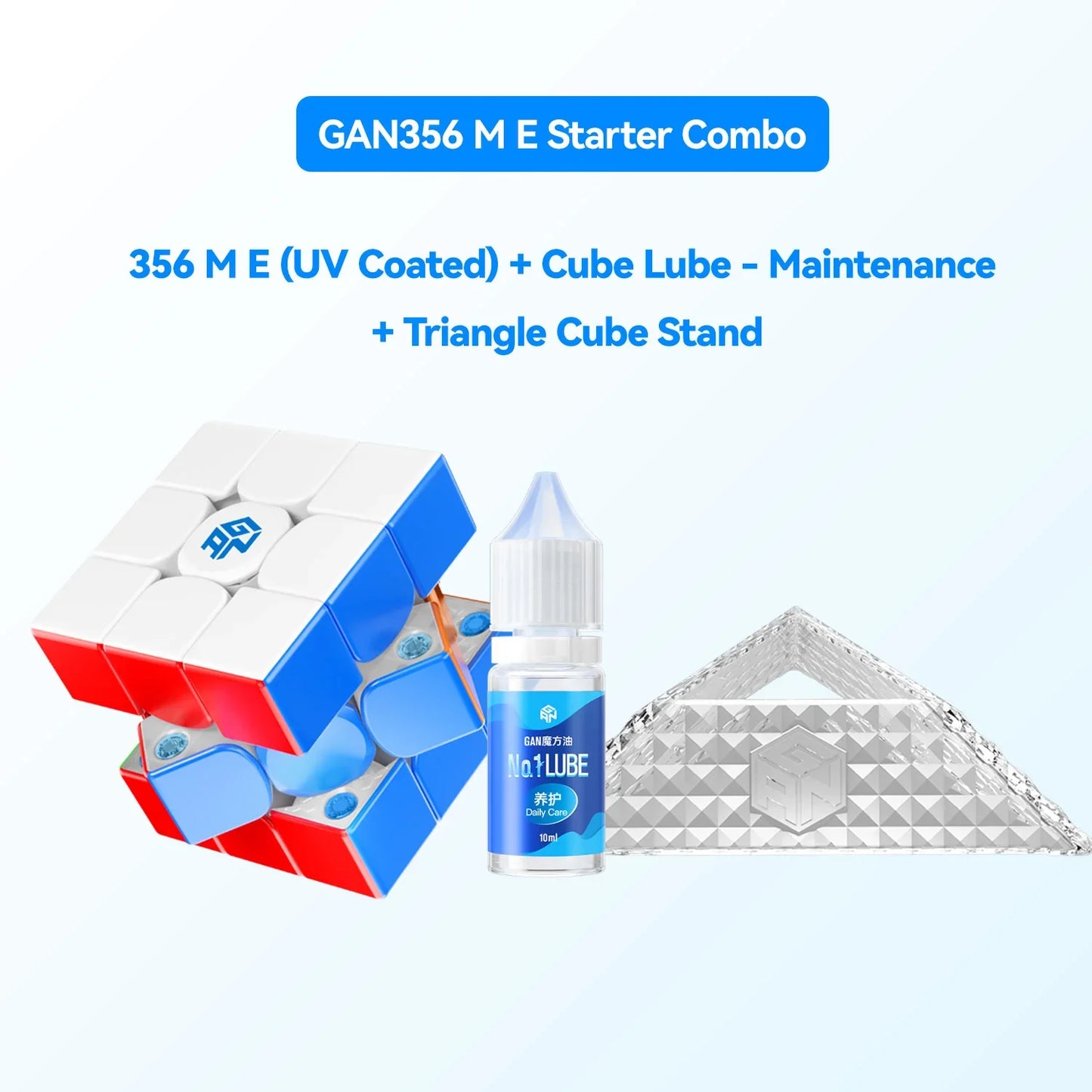 GAN356 M E UV coated speed cube, cube lubricant bottle, and transparent triangle cube stand