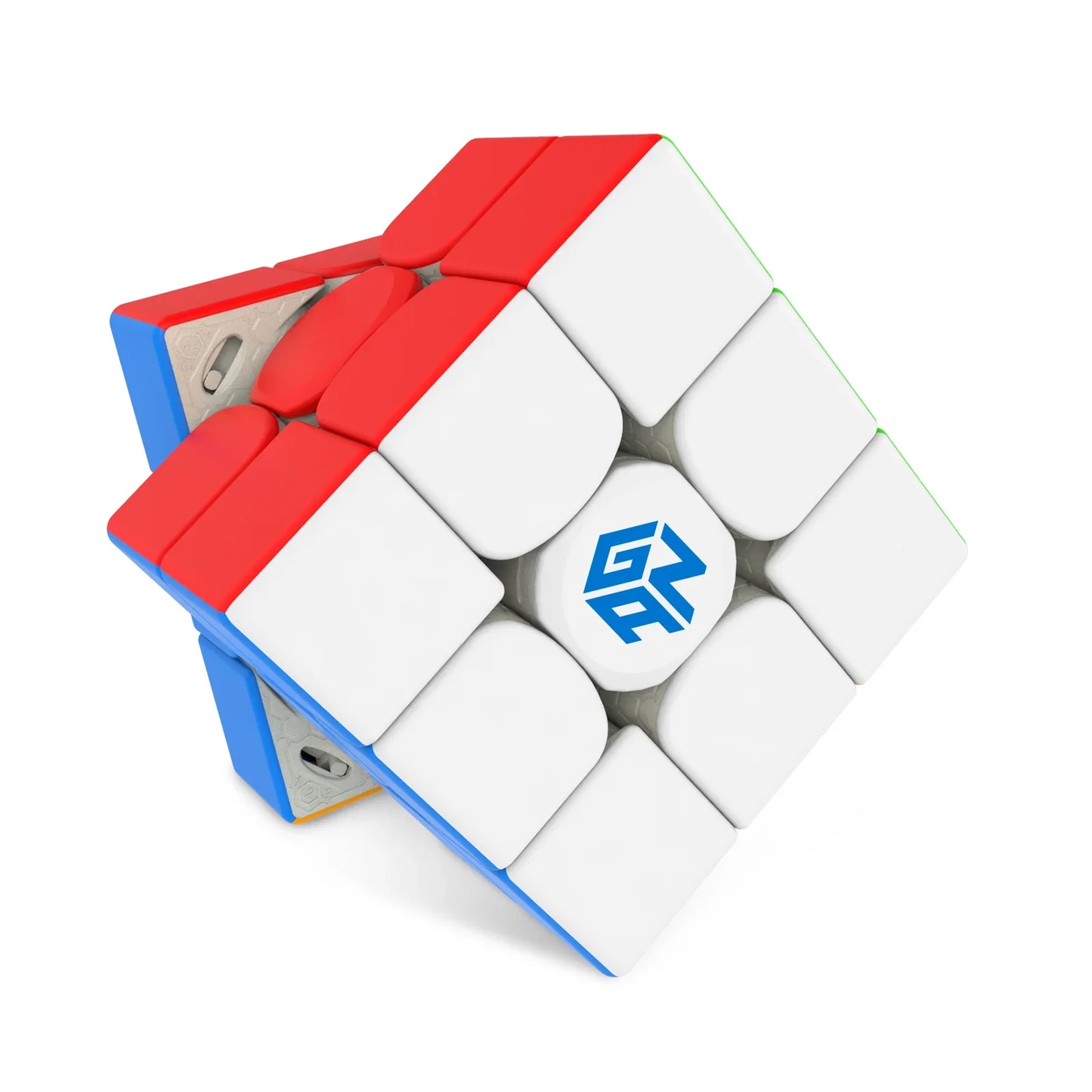 GANCube 11M Pro Frosted speed cube puzzle showing white, red, and blue sides with visible mechanism