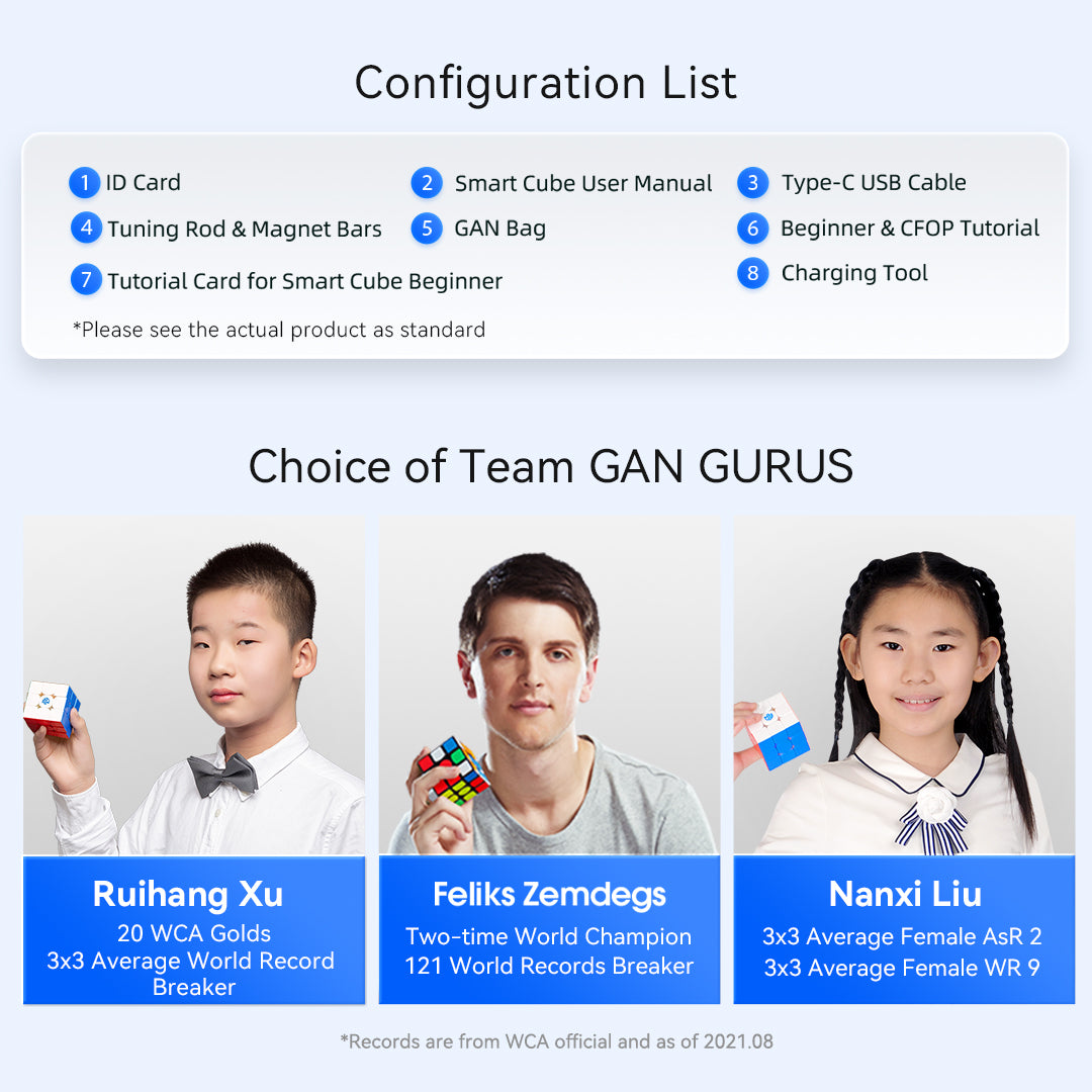 Three professional speedcubers holding GAN puzzles with their achievements highlighted